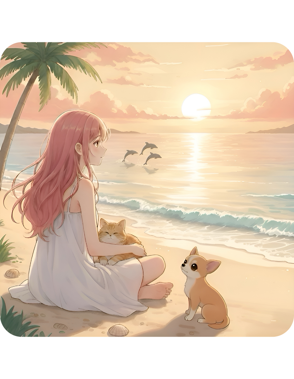 Chihuahua Dog Orange Cat Sunset & Sunflower White Ceramic Mug — Peaceful Waves Anime Girl Boho Beach Vibes Cup (11oz, 15oz)
