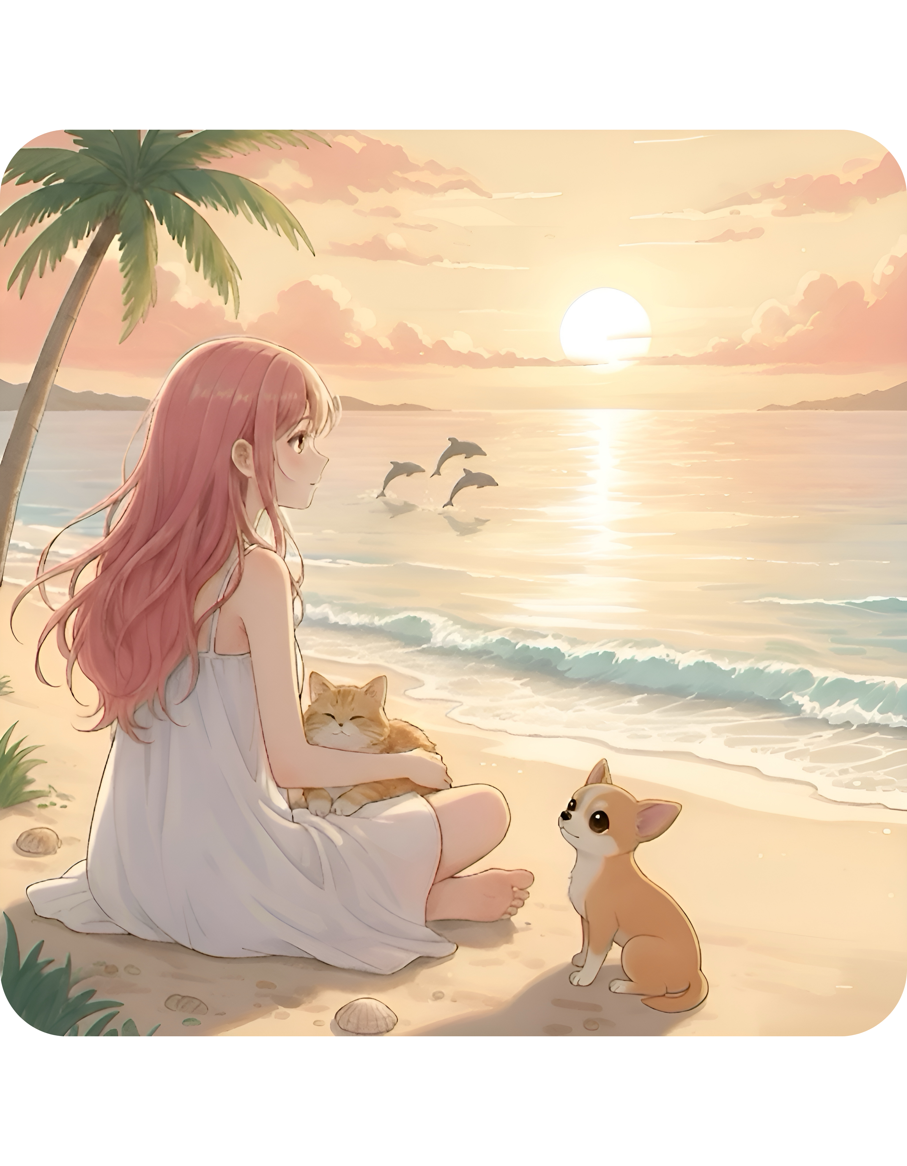 Chihuahua Dog Orange Cat Sunset & Sunflower White Ceramic Mug — Peaceful Waves Anime Girl Boho Beach Vibes Cup (11oz, 15oz)