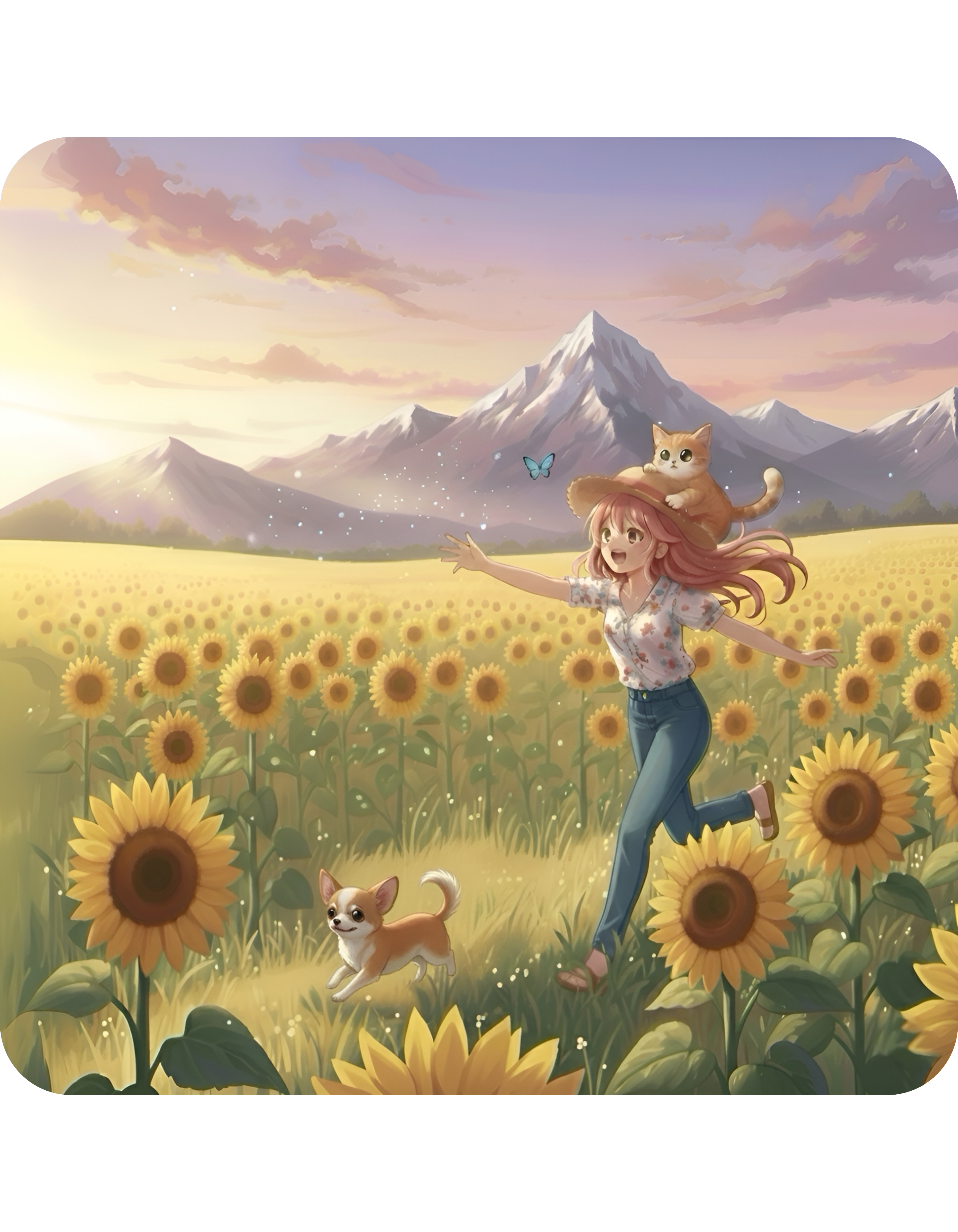 Chihuahua Dog Orange Cat Sunset & Sunflower White Ceramic Mug — Peaceful Waves Anime Girl Boho Beach Vibes Cup (11oz, 15oz)