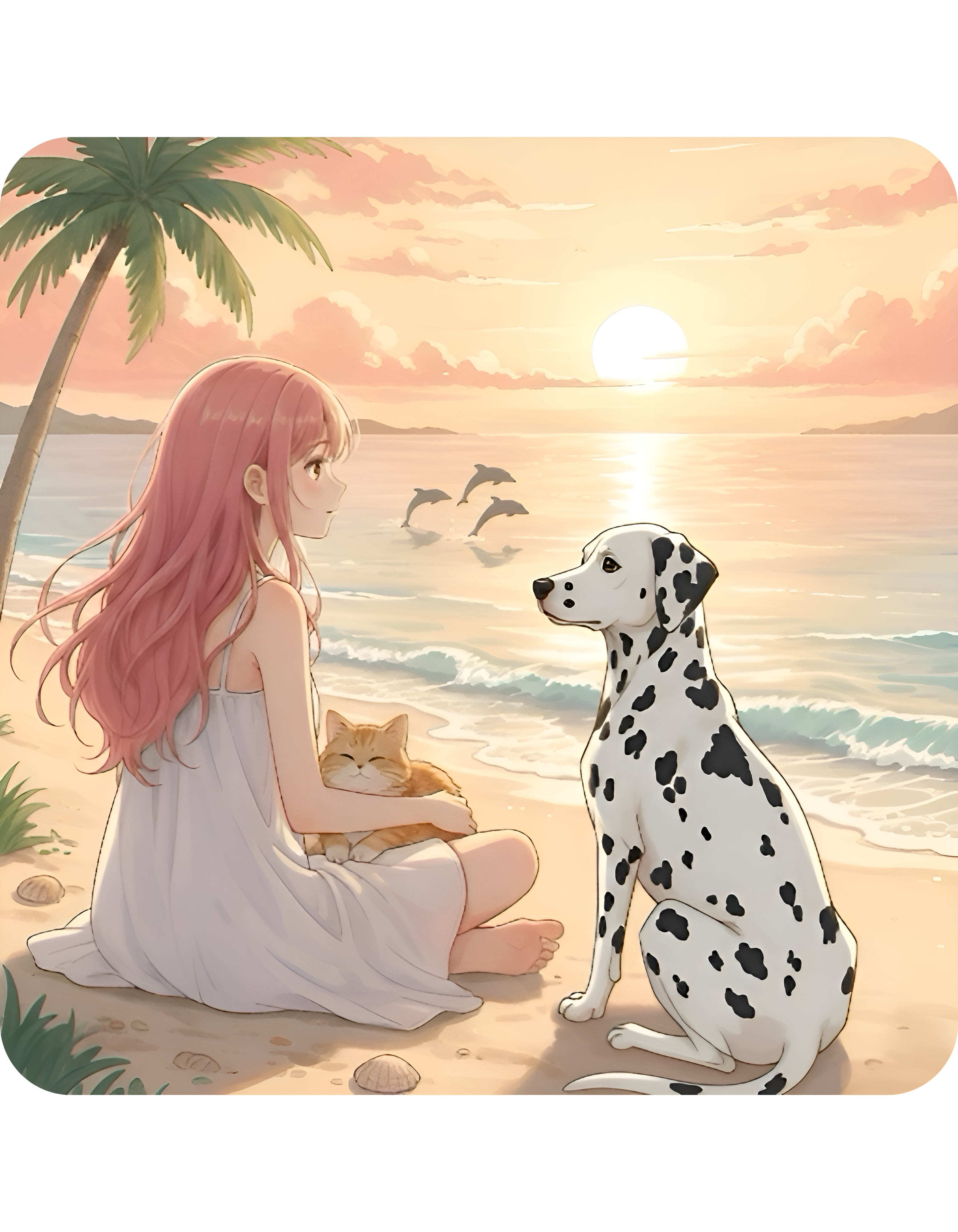 Dalmatian Dog Orange Cat Sunset & Sunflower White Ceramic Mug — Peaceful Waves Anime Girl Boho Beach Vibes Cup (11oz, 15oz)