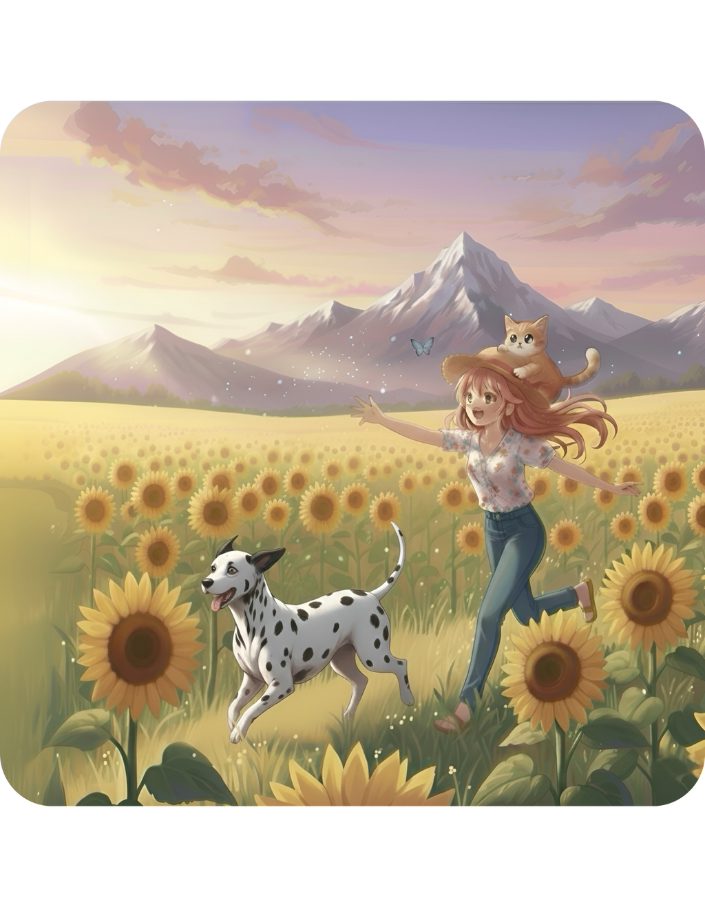 Dalmatian Dog Orange Cat Sunset & Sunflower White Ceramic Mug — Peaceful Waves Anime Girl Boho Beach Vibes Cup (11oz, 15oz)