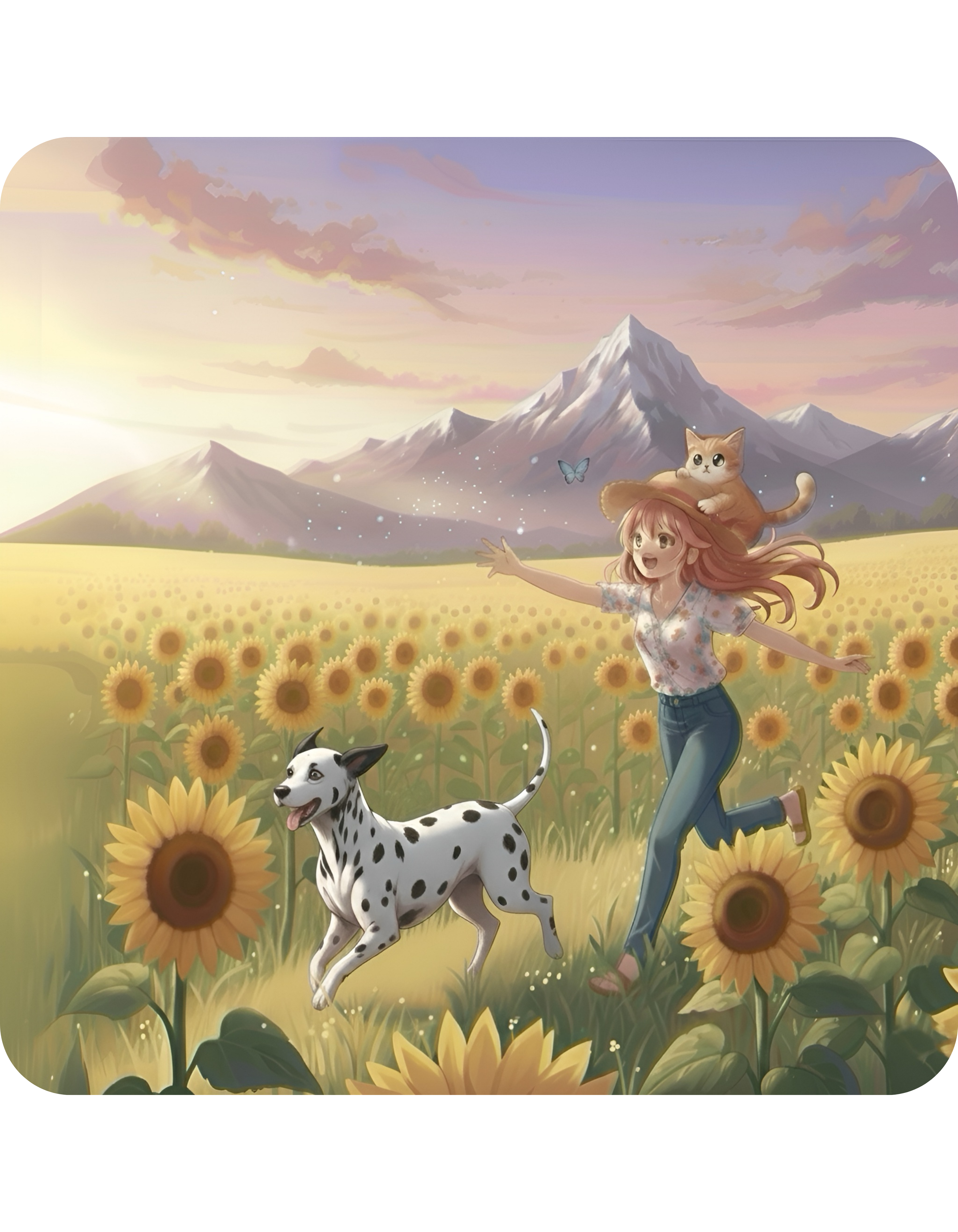 Dalmatian Dog Orange Cat Sunset & Sunflower White Ceramic Mug — Peaceful Waves Anime Girl Boho Beach Vibes Cup (11oz, 15oz)