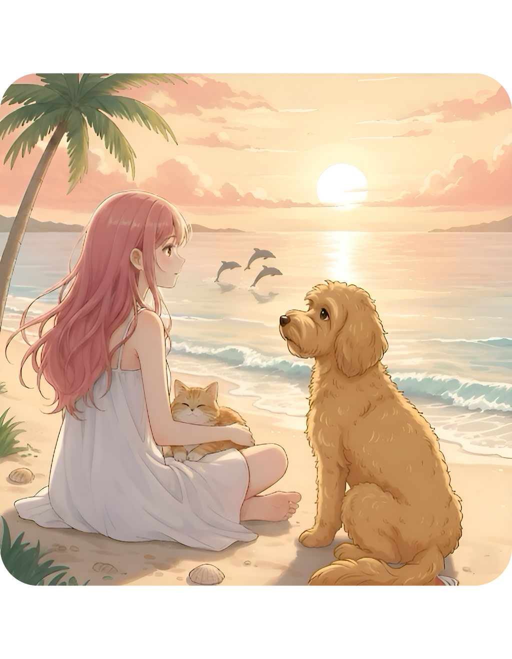 Goldendoodle Dog Orange Cat Sunset & Sunflower White Ceramic Mug — Peaceful Waves Anime Girl Boho Beach Vibes Cup (11oz, 15oz)