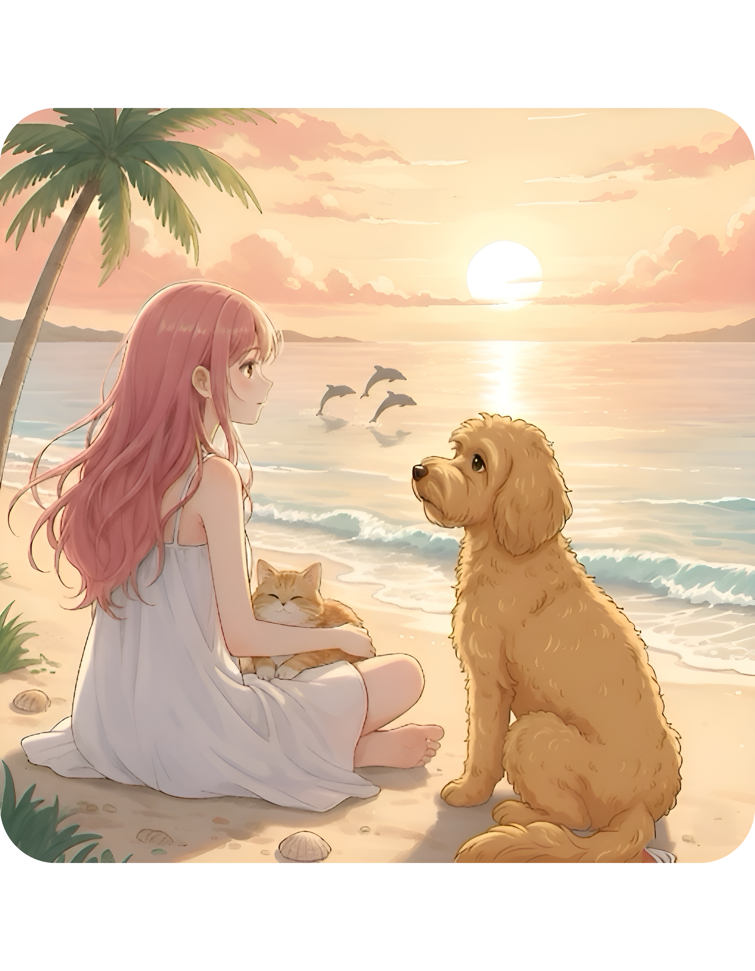 Goldendoodle Dog Orange Cat Sunset & Sunflower White Ceramic Mug — Peaceful Waves Anime Girl Boho Beach Vibes Cup (11oz, 15oz)