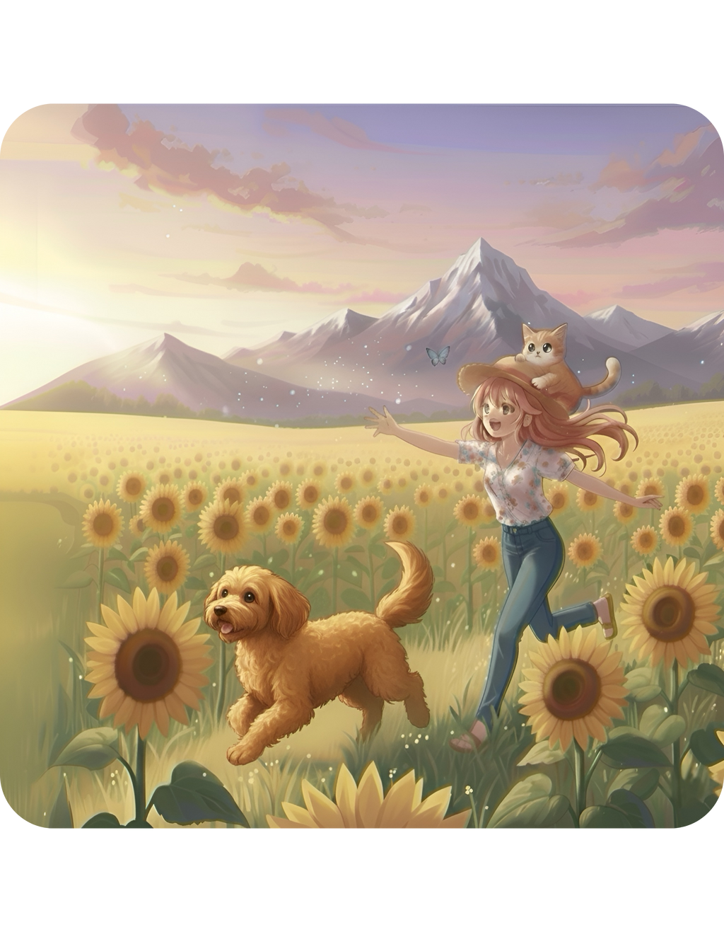 Goldendoodle Dog Orange Cat Sunset & Sunflower White Ceramic Mug — Peaceful Waves Anime Girl Boho Beach Vibes Cup (11oz, 15oz)