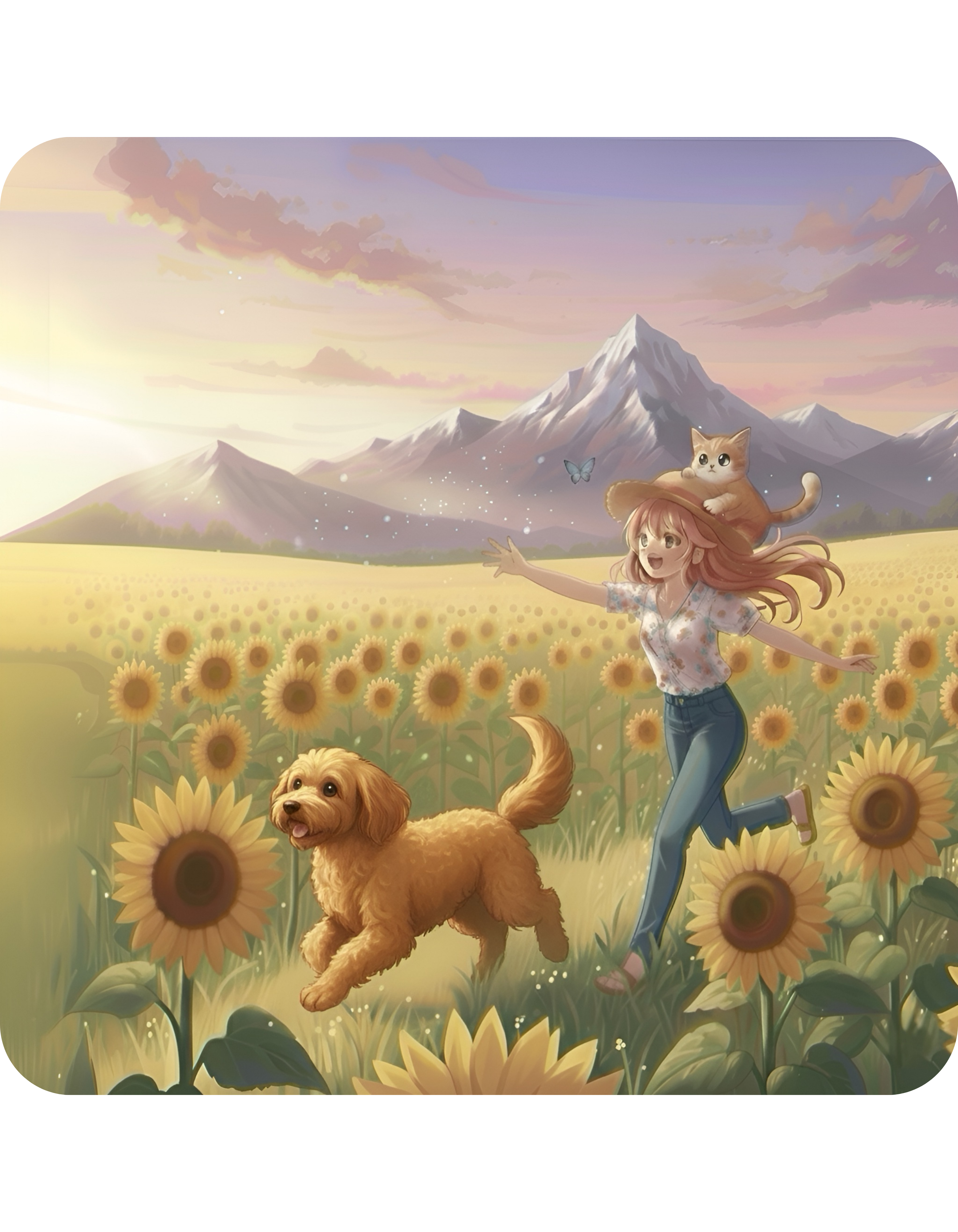Goldendoodle Dog Orange Cat Sunset & Sunflower White Ceramic Mug — Peaceful Waves Anime Girl Boho Beach Vibes Cup (11oz, 15oz)