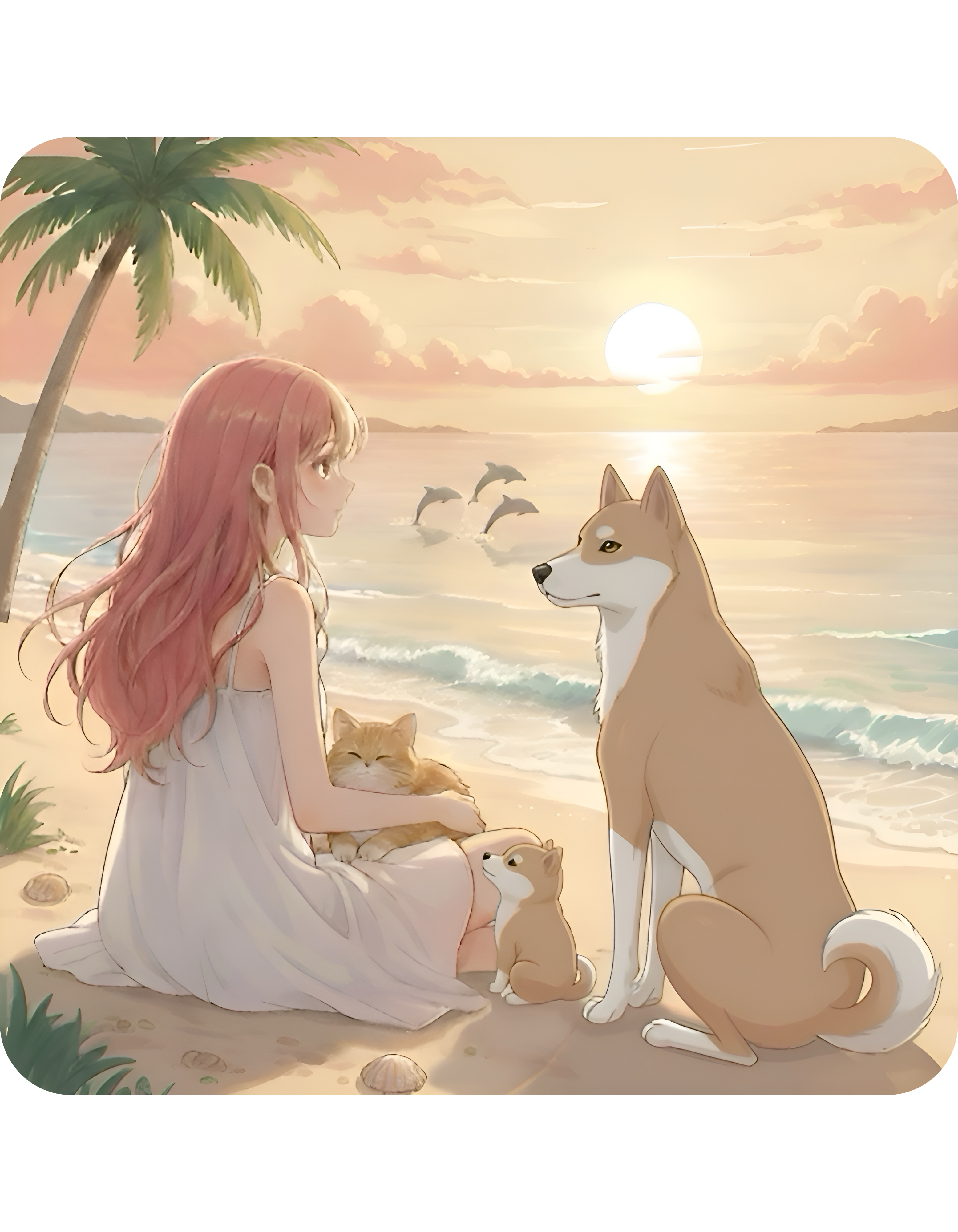 Shiba Inu Dog Orange Cat Sunset & Sunflower White Ceramic Mug — Peaceful Waves Anime Girl Boho Beach Vibes Cup (11oz, 15oz)