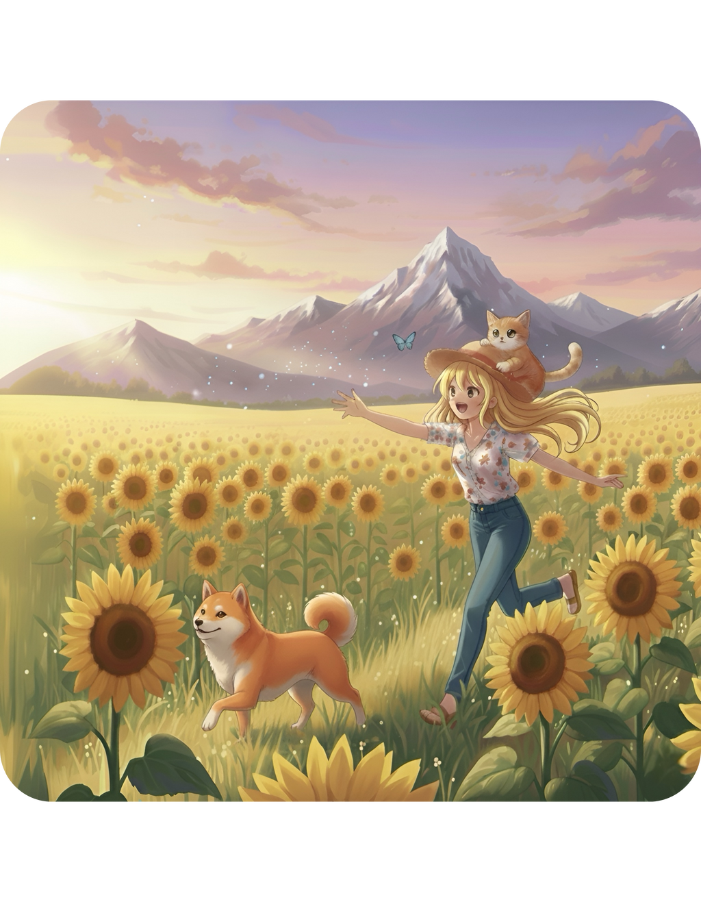 Shiba Inu Dog Orange Cat Sunset & Sunflower White Ceramic Mug — Peaceful Waves Anime Girl Boho Beach Vibes Cup (11oz, 15oz)