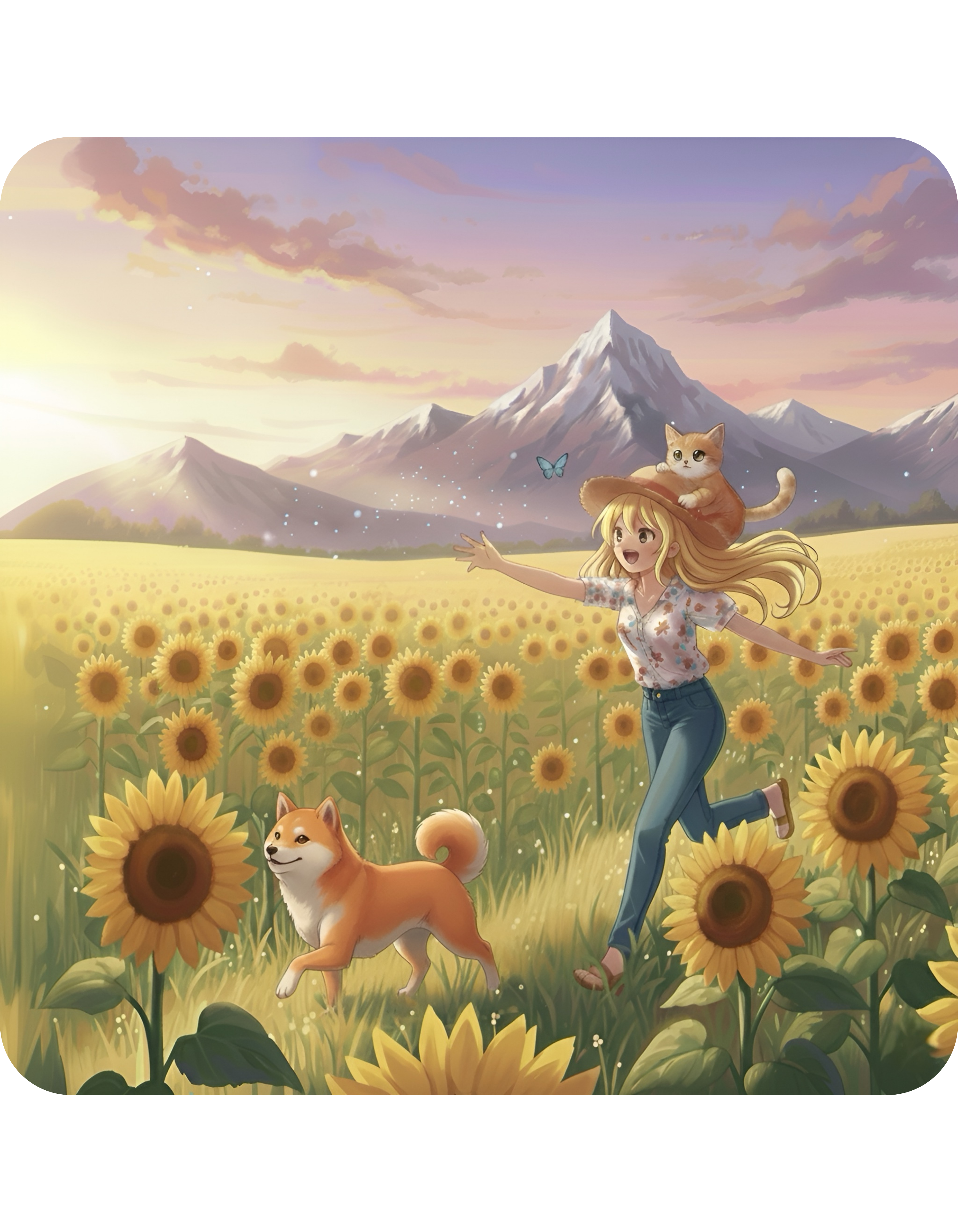Shiba Inu Dog Orange Cat Sunset & Sunflower White Ceramic Mug — Peaceful Waves Anime Girl Boho Beach Vibes Cup (11oz, 15oz)