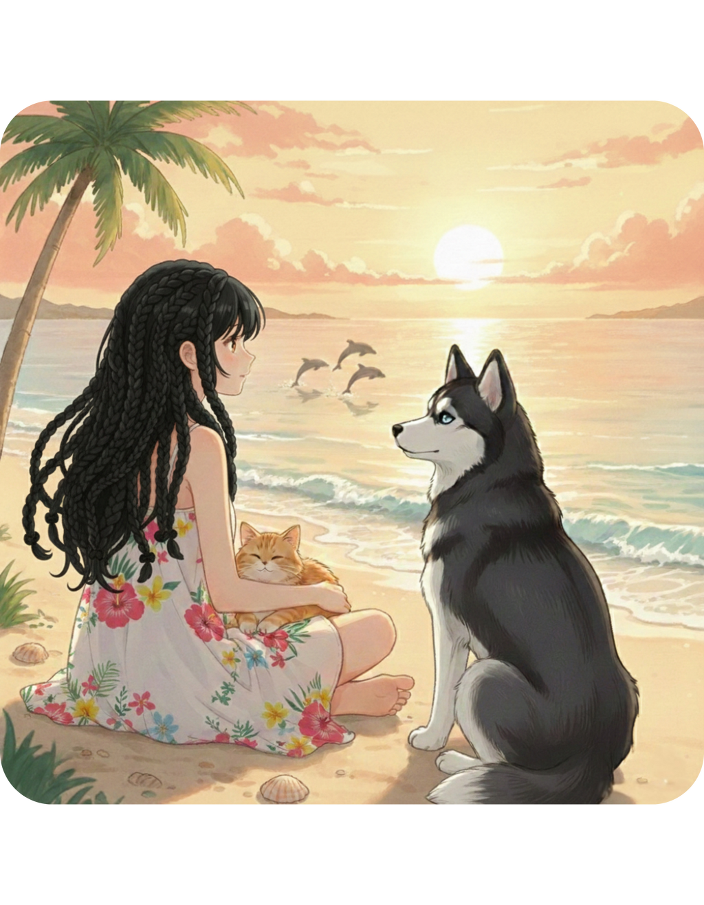 Cozy Peaceful Moments with Pets Sunset Beach White Ceramic Mug — Husky, Yorkie & Orange Cat Tropical Seascape Cup (11oz, 15oz)