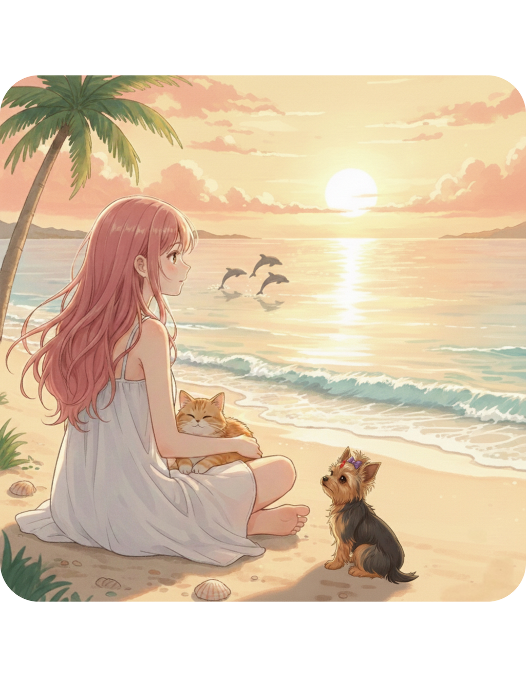 Cozy Peaceful Moments with Pets Sunset Beach White Ceramic Mug — Husky, Yorkie & Orange Cat Tropical Seascape Cup (11oz, 15oz)