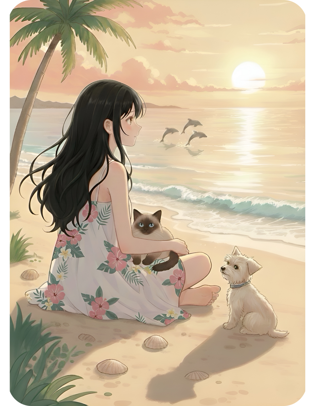 West Highland Terrier Dog, Siamese and Tabby Cats Coastal Decor White Ceramic Mug, Cozy Tropical Seascape Anime Girl Sunset Cup (11oz, 15oz)