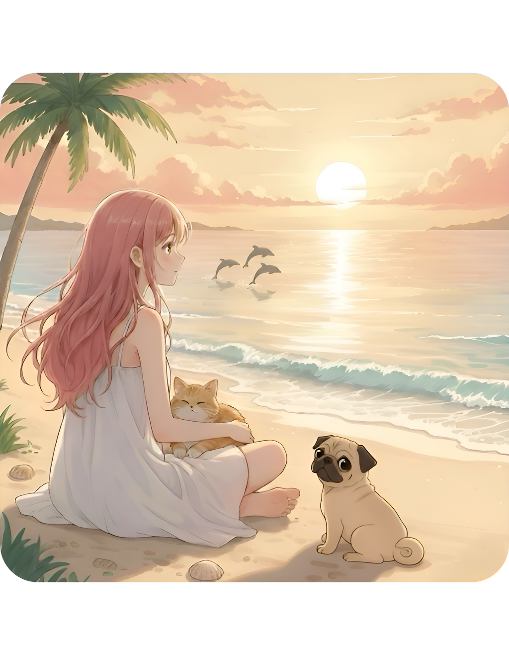 Cute French Bulldog, Pug & Orange Cat Coastal Vibe White Ceramic Mug, Cozy Sunset Seascape Anime Girl Cup (11oz, 15oz)