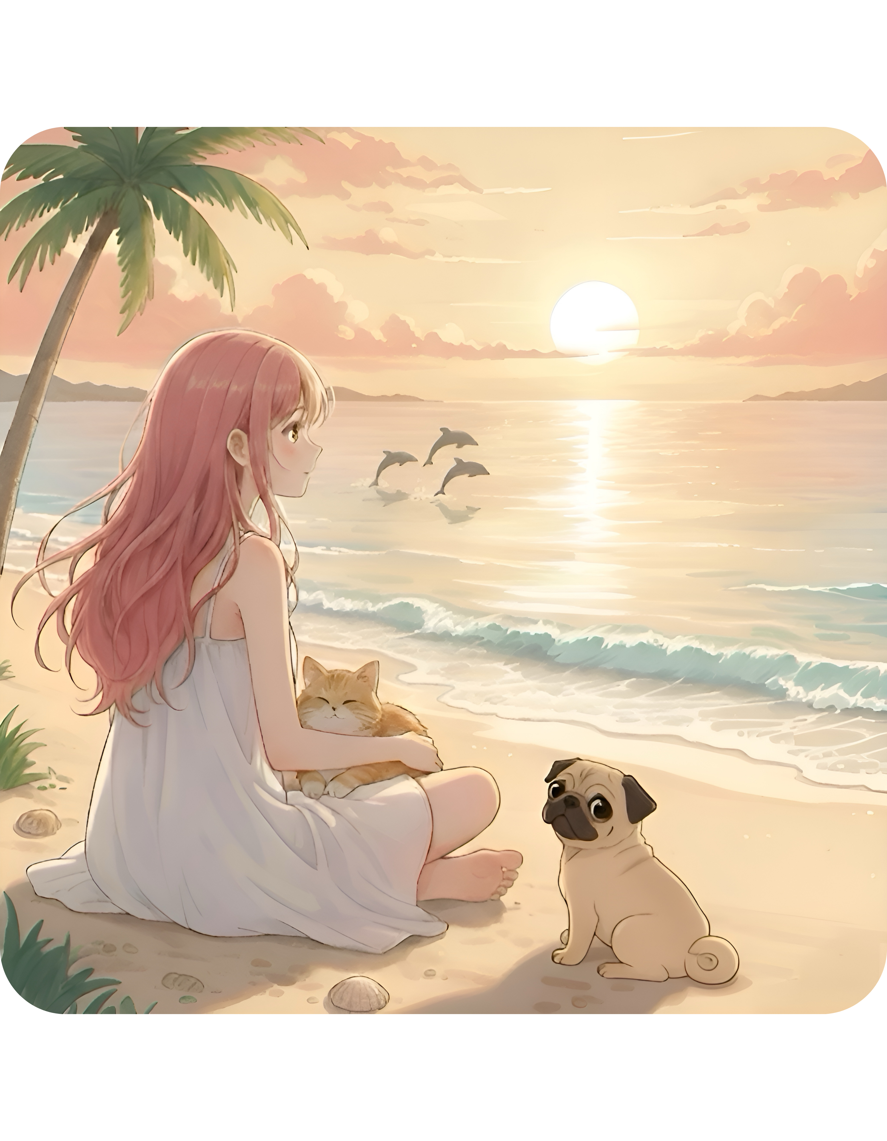 Cute French Bulldog, Pug & Orange Cat Coastal Vibe White Ceramic Mug, Cozy Sunset Seascape Anime Girl Cup (11oz, 15oz)