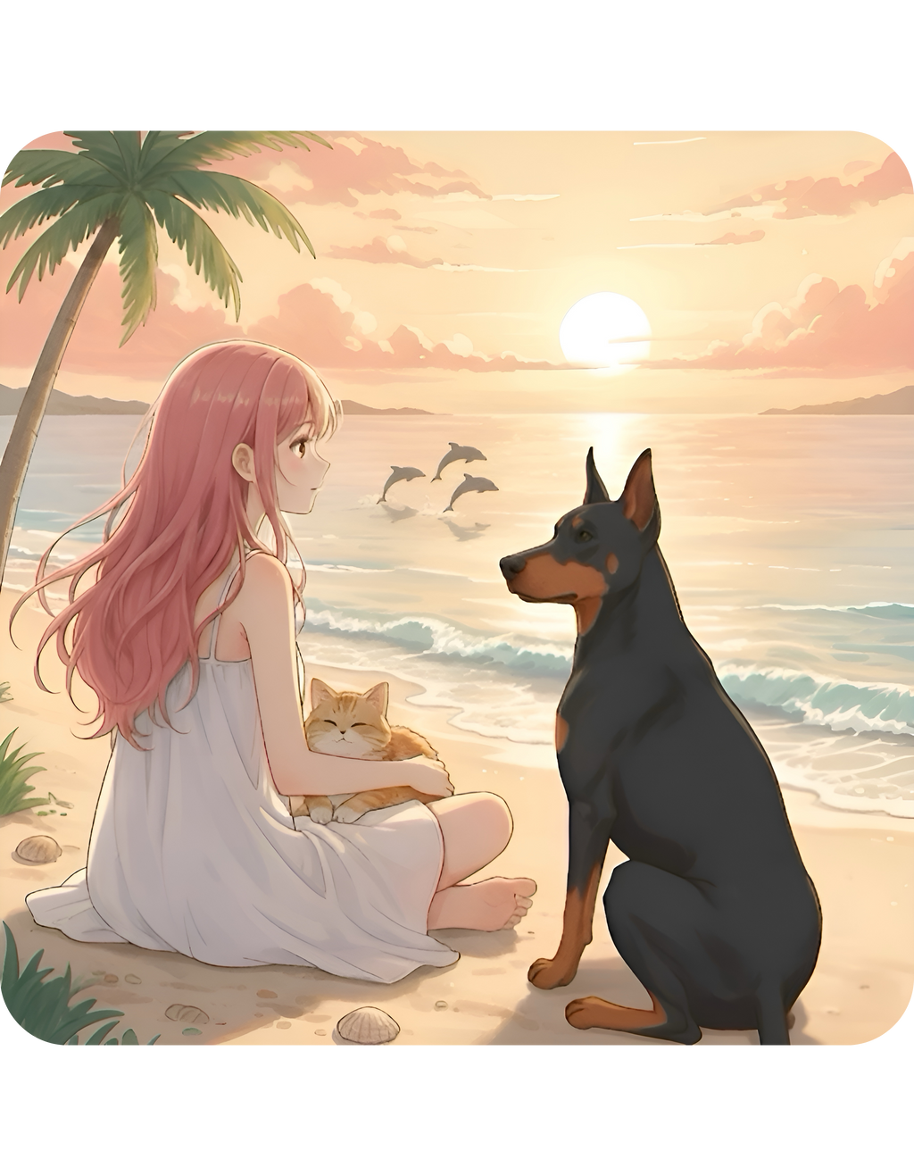 Doberman, Chihuahua & Orange Cat Coastal Vibe White Ceramic Mug, Cozy Sunset Beach Anime Girl Cup (11oz, 15oz)