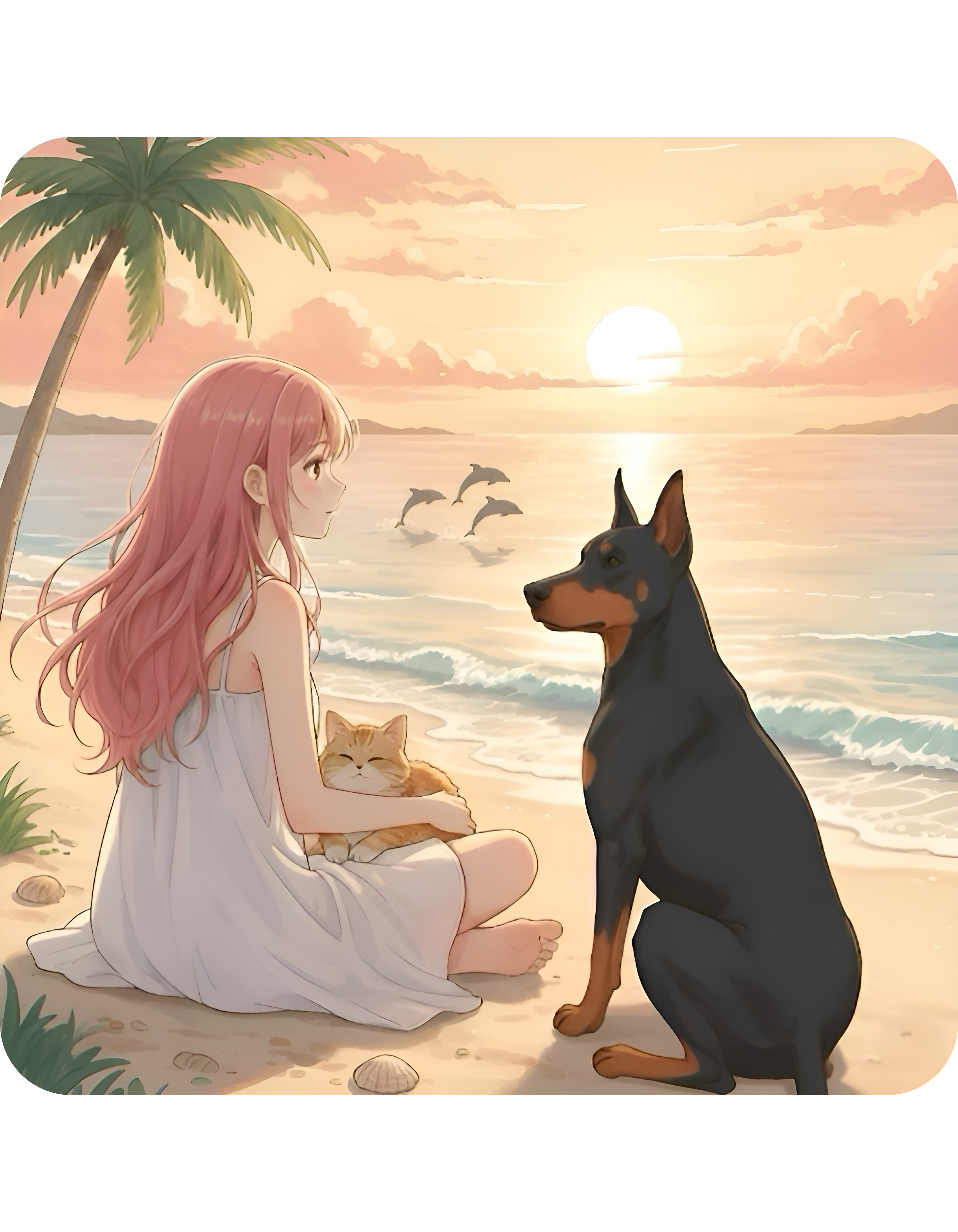 Doberman, Chihuahua & Orange Cat Coastal Vibe White Ceramic Mug, Cozy Sunset Beach Anime Girl Cup (11oz, 15oz)