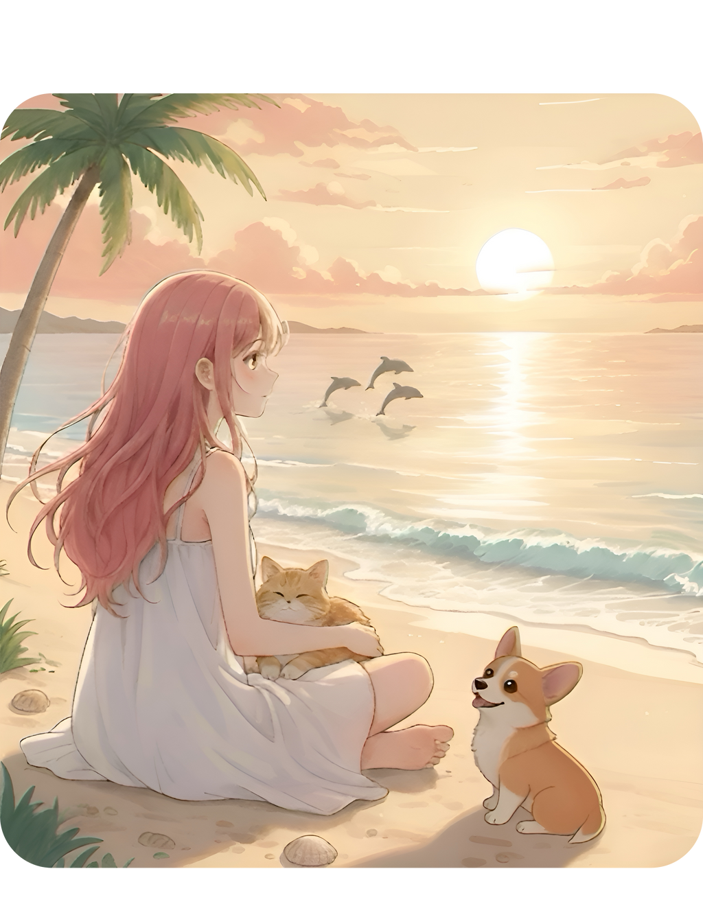 Cute Corgi Dog & Orange Cat Tropical Seascape White Ceramic Mug, Cozy Pembroke Welsh Corgi Mom on Beach Cup (11oz, 15oz)