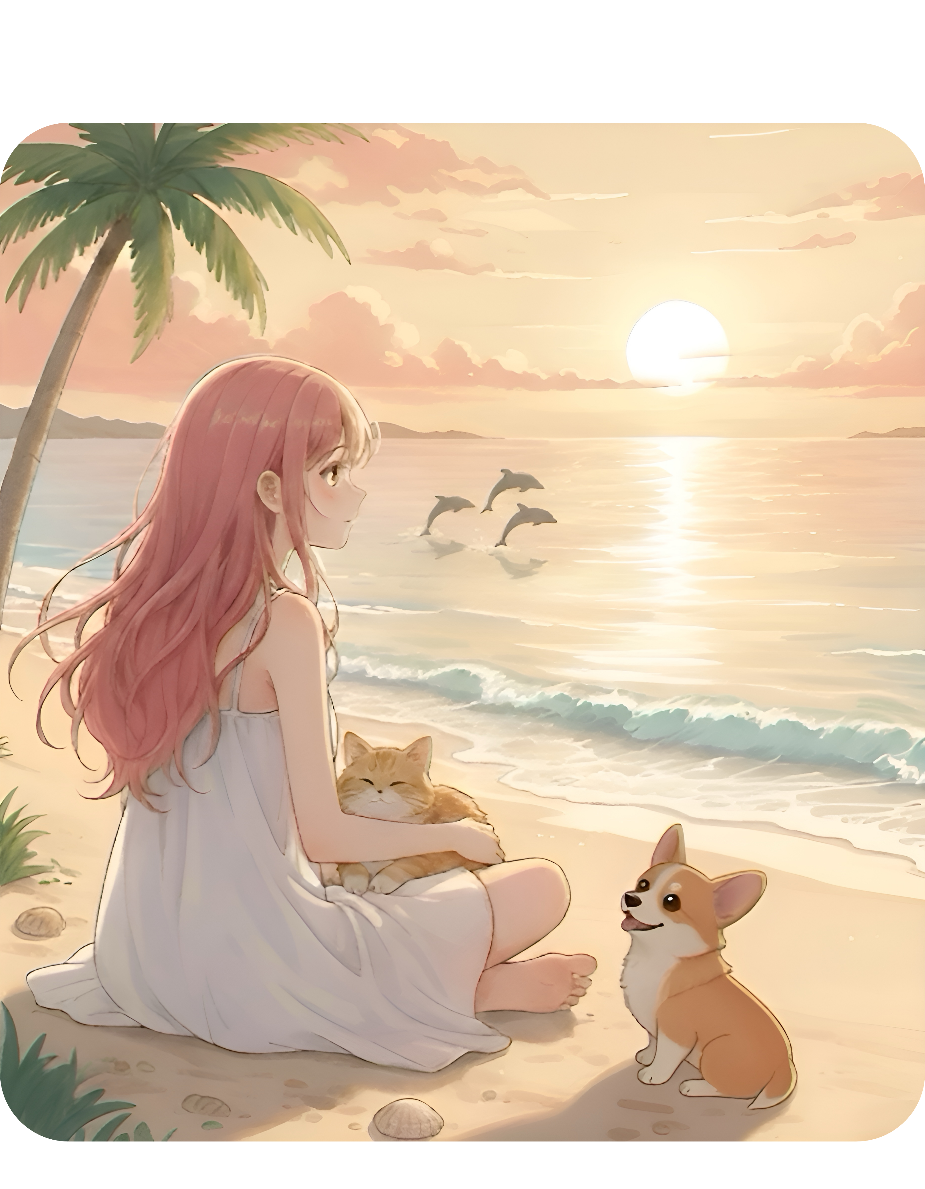 Cute Corgi Dog & Orange Cat Tropical Seascape White Ceramic Mug, Cozy Pembroke Welsh Corgi Mom on Beach Cup (11oz, 15oz)