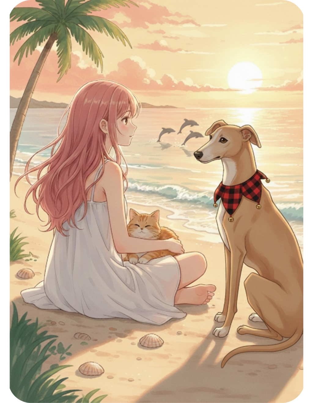 Dreamy Whippet Greyhound Dog & Orange Cat Tropical Seascape White Ceramic Mug, Cozy Owner and Pet Mom on Beach Cup (11oz, 15oz)