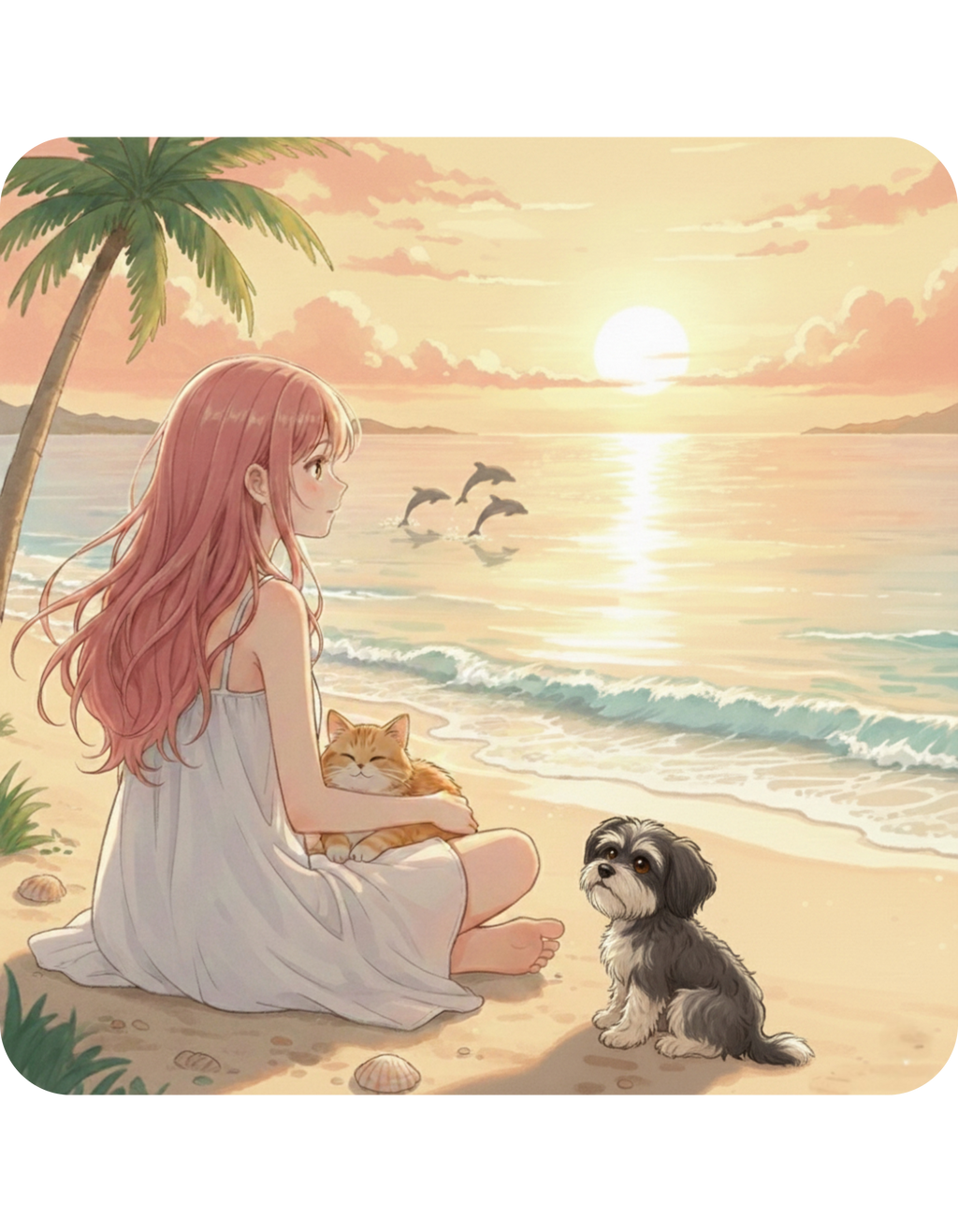Havanese Shih Tzu & Orange Cat Tropical Seascape White Ceramic Mug, Cozy Owner and Pet Mom on Beach Cup (11oz, 15oz)