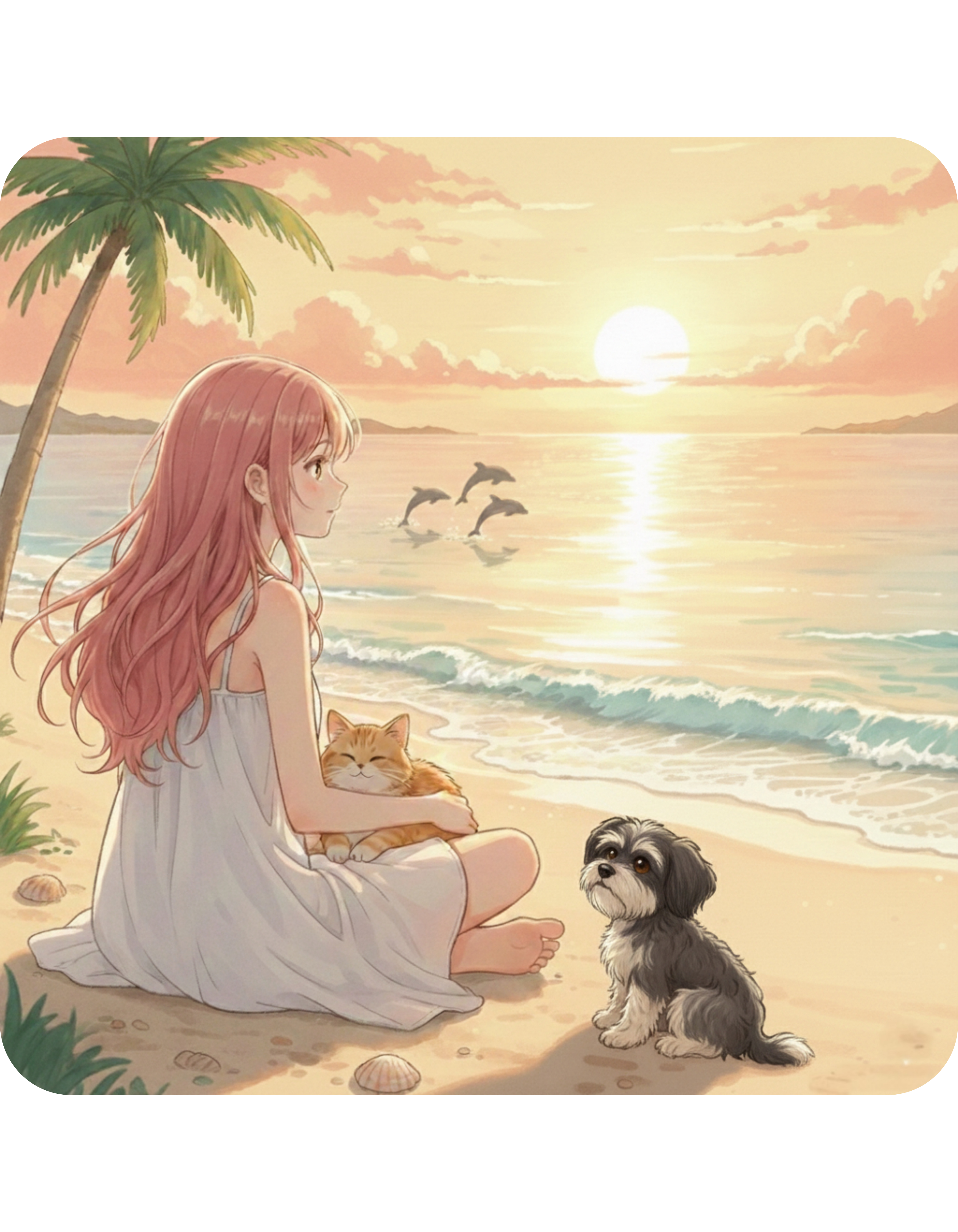 Havanese Shih Tzu & Orange Cat Tropical Seascape White Ceramic Mug, Cozy Owner and Pet Mom on Beach Cup (11oz, 15oz)