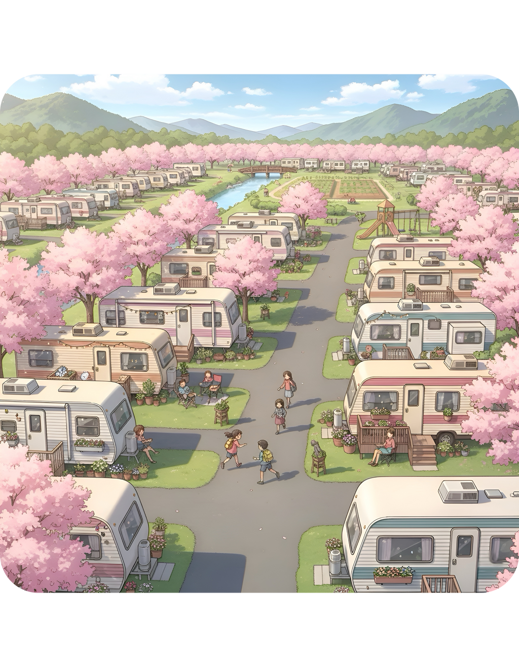 Kawaii English Garden Wildflower Meadow White Ceramic Mug — Cherry Blossom RV Camping Village Cup (11oz/15oz)