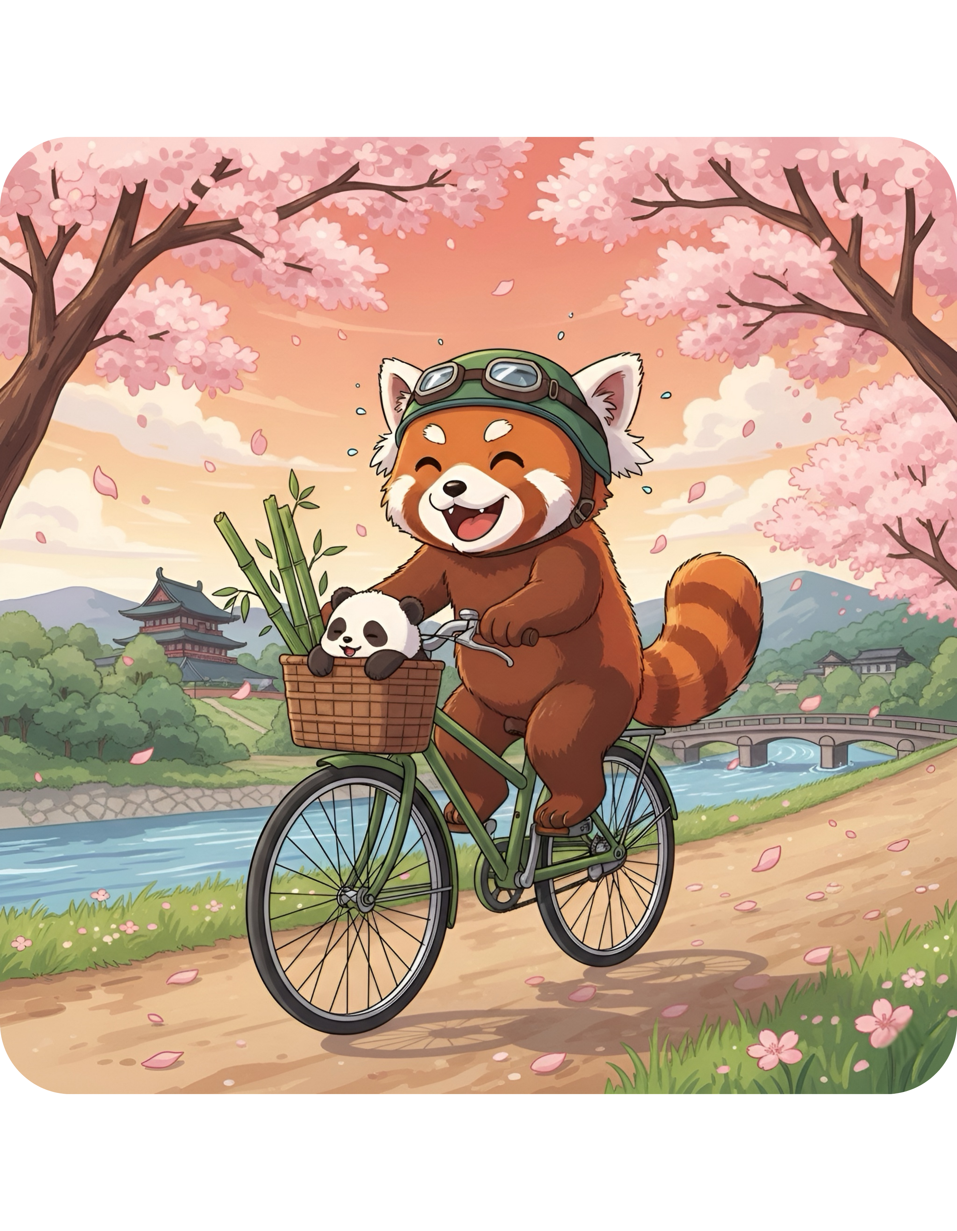Cozy Red Panda & Baby Panda in Sakura Japan White Ceramic Mug — Happy Panda Family Bicycle Cup, 11oz & 15oz