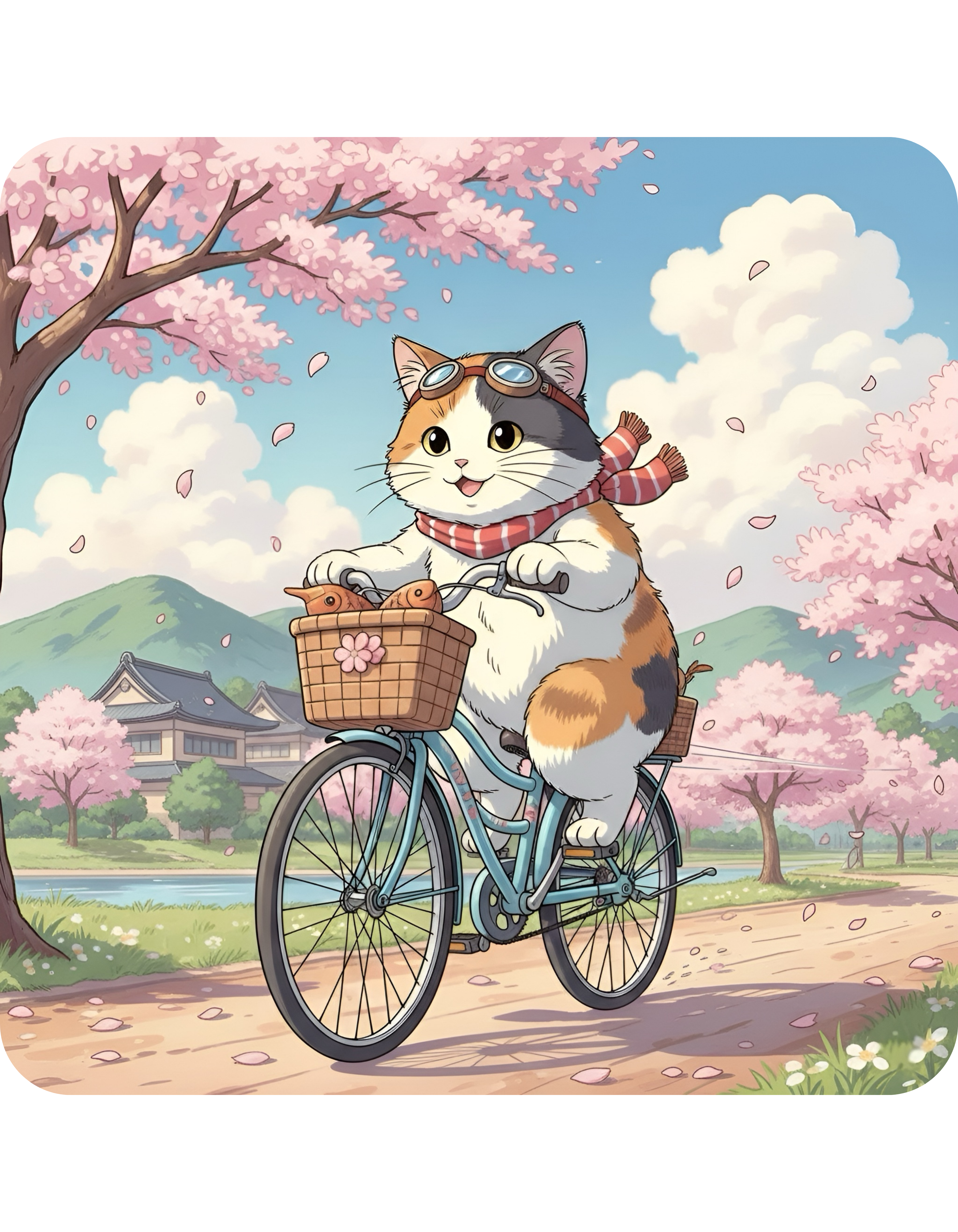 Kawaii Cats Riding Bikes in Sakura Japan White Ceramic Mug — Peaceful River Happy Paws Cup, 11o z & 15oz