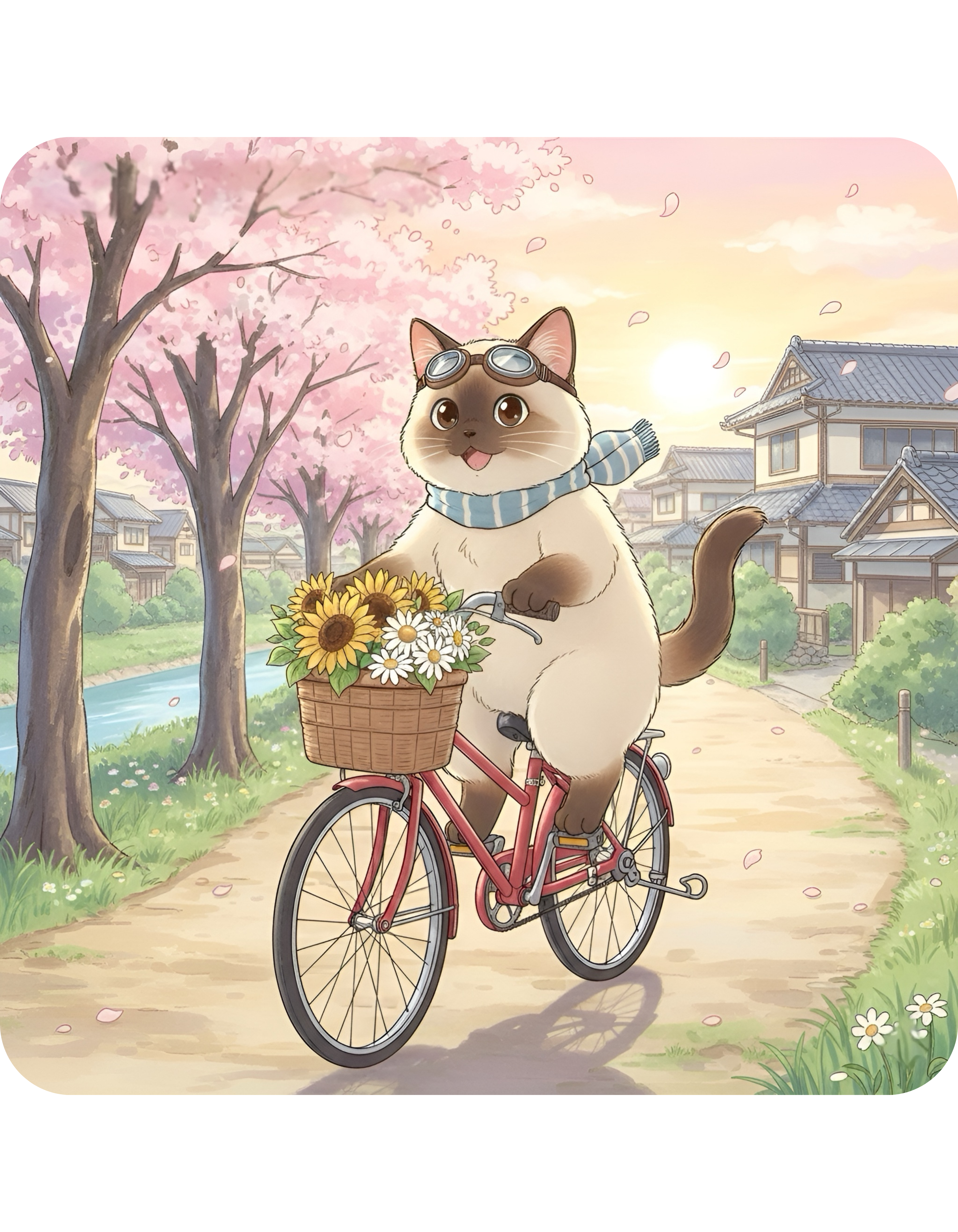 Kawaii Cats Riding Bikes in Sakura Japan White Ceramic Mug — Peaceful River Happy Paws Cup, 11o z & 15oz