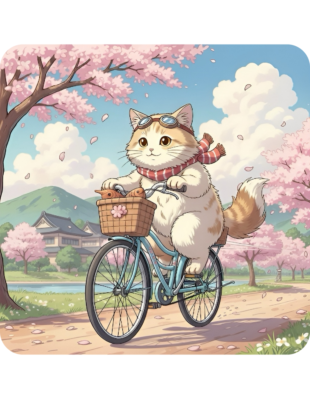 Cozy Kawaii Kitty Riding in Sakura Japan White Ceramic Mug — Whiskers on Wheels, Cherry Blossom Calm Cup, 11o z & 15oz