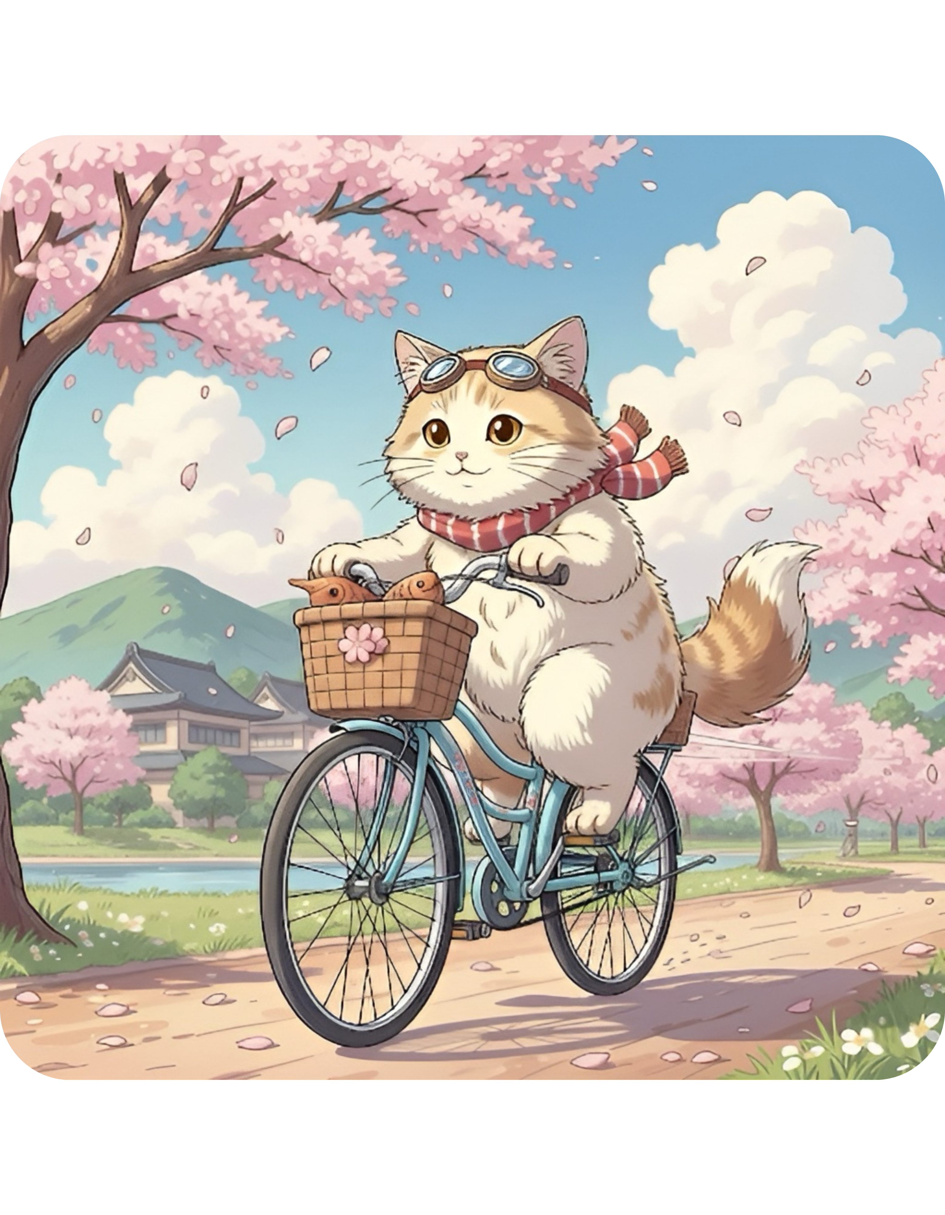 Cozy Kawaii Kitty Riding in Sakura Japan White Ceramic Mug — Whiskers on Wheels, Cherry Blossom Calm Cup, 11o z & 15oz