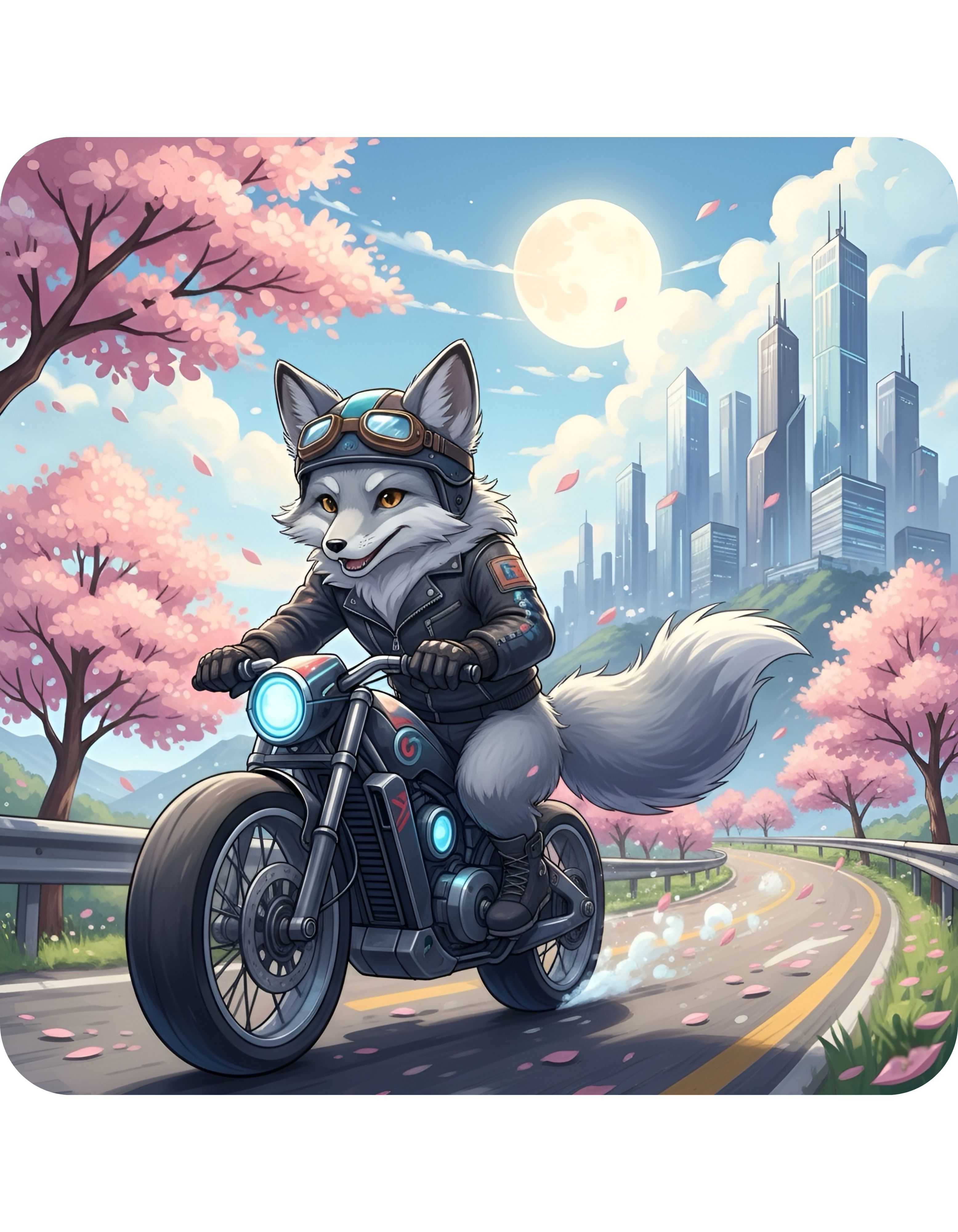 Kawaii Gray Fox Biker Wild & Free White Ceramic Mug — Sip & Ride Fox Moto Joy Cup, 11oz & 15oz