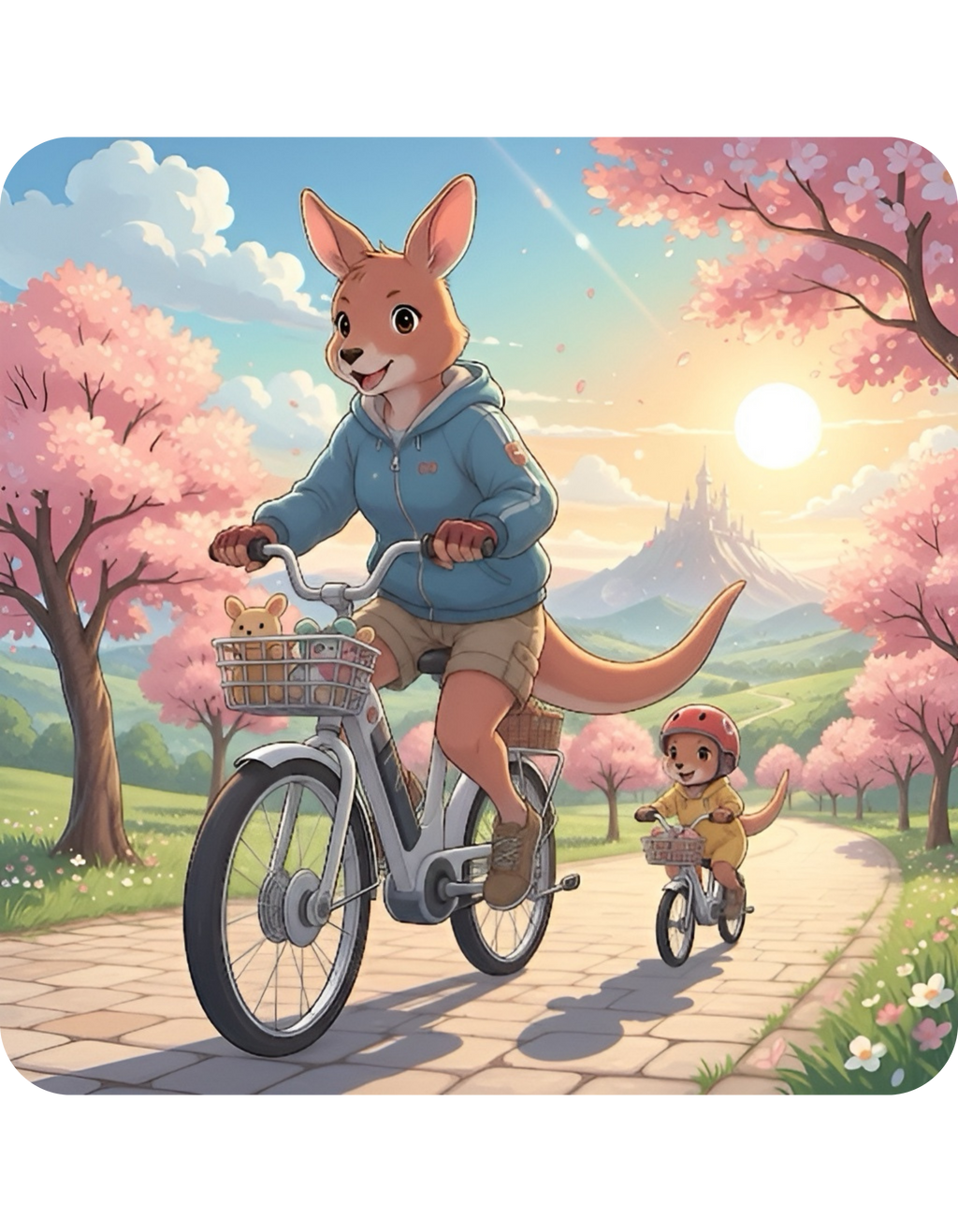 Too Cute to Handle!  Kangaroo Mom & Joey Biking Under Cherry Blossoms White Ceramic Mug — Mommy & Me Anime Bike Adventure Cup for Happy Sips, 11oz & 15oz