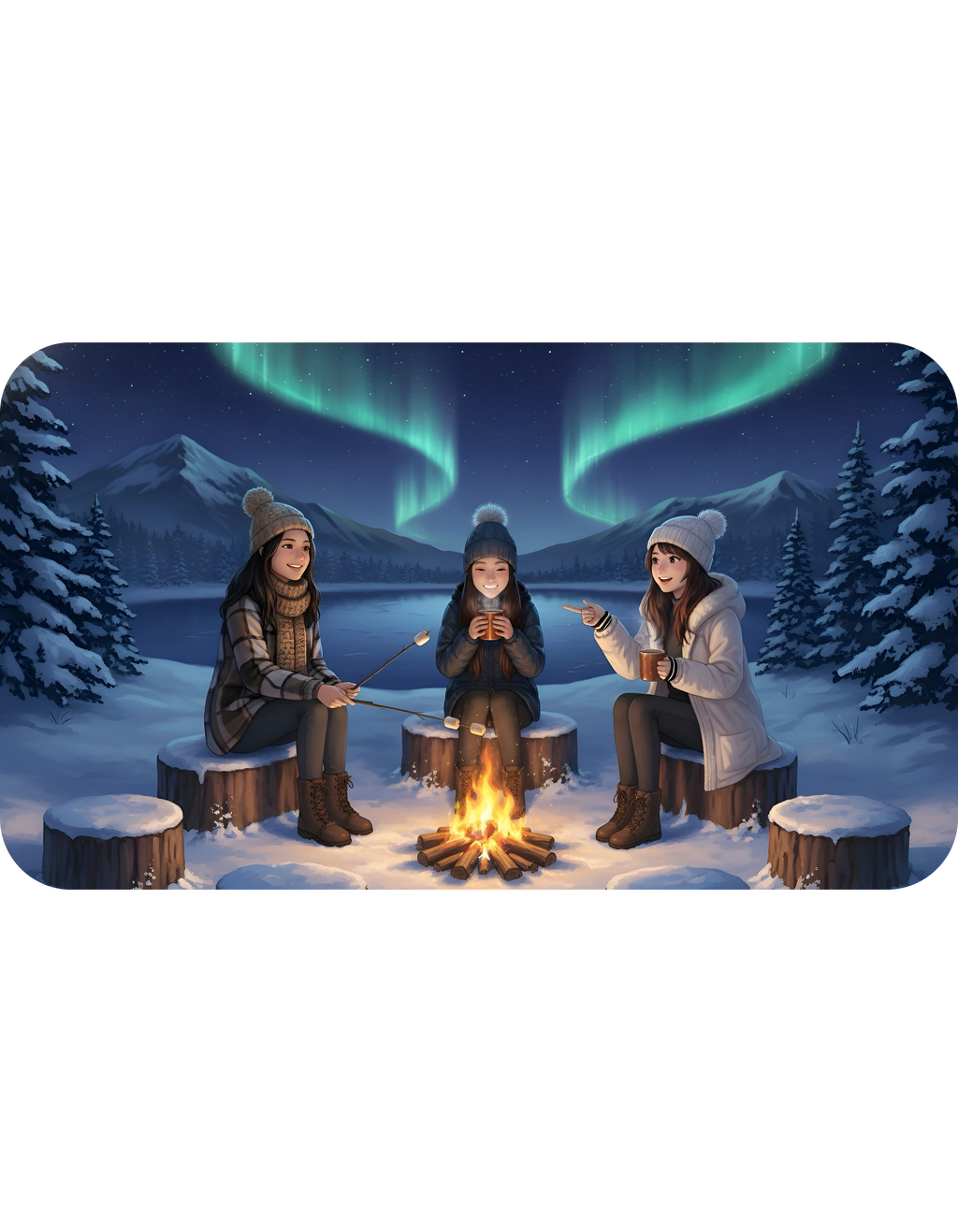 Cozy Aurora Borealis Friends Under The Northern Lights White Ceramic Mug — Starry Wintry Night Sky & World Map To Explore Cup (11oz, 15oz)