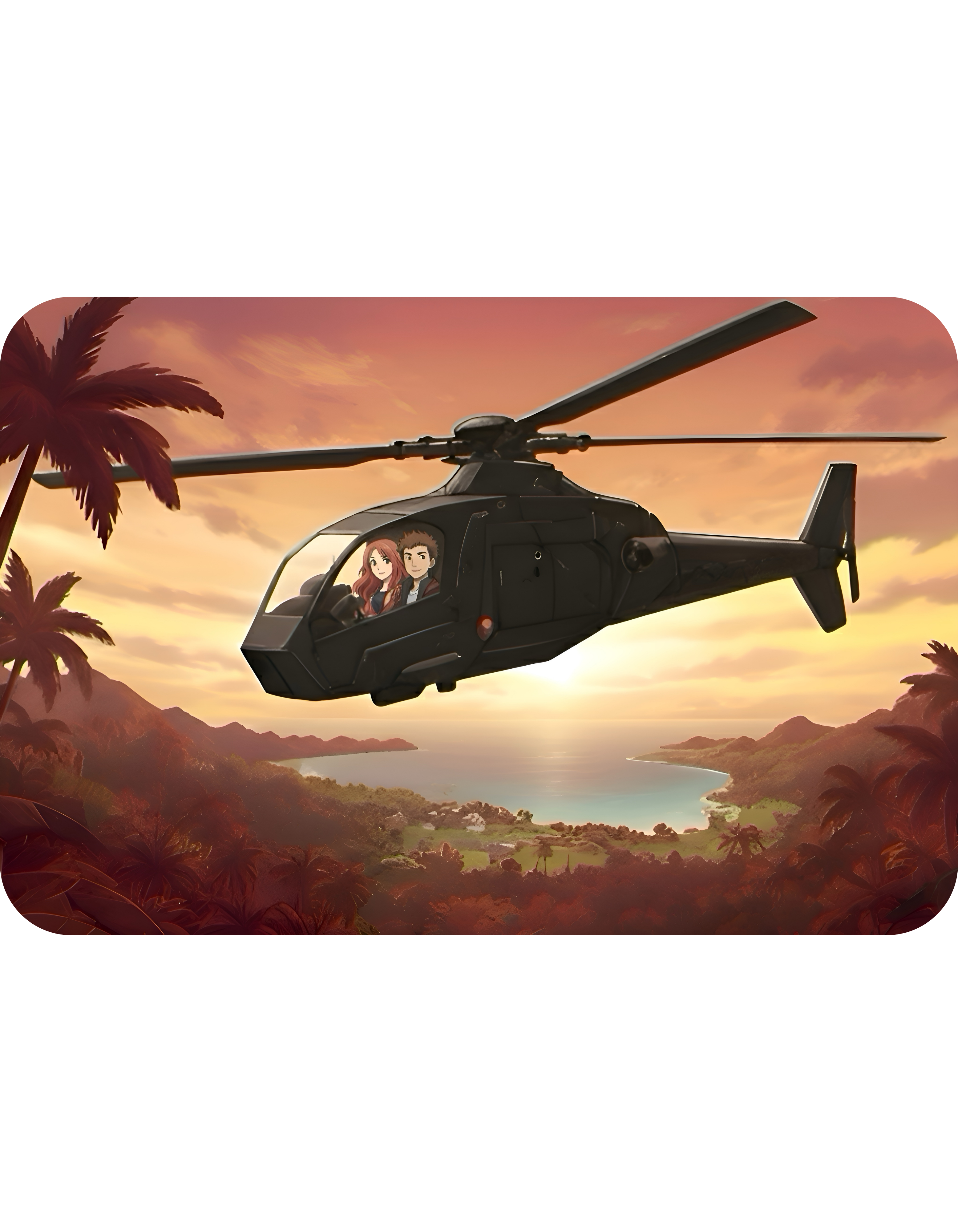 Anime Helicopter Adventure #2 Sunset Beach White Ceramic Mug – Celebrating Companionship, Creativity & Life’s Little Wonders Cup (11oz/15oz)