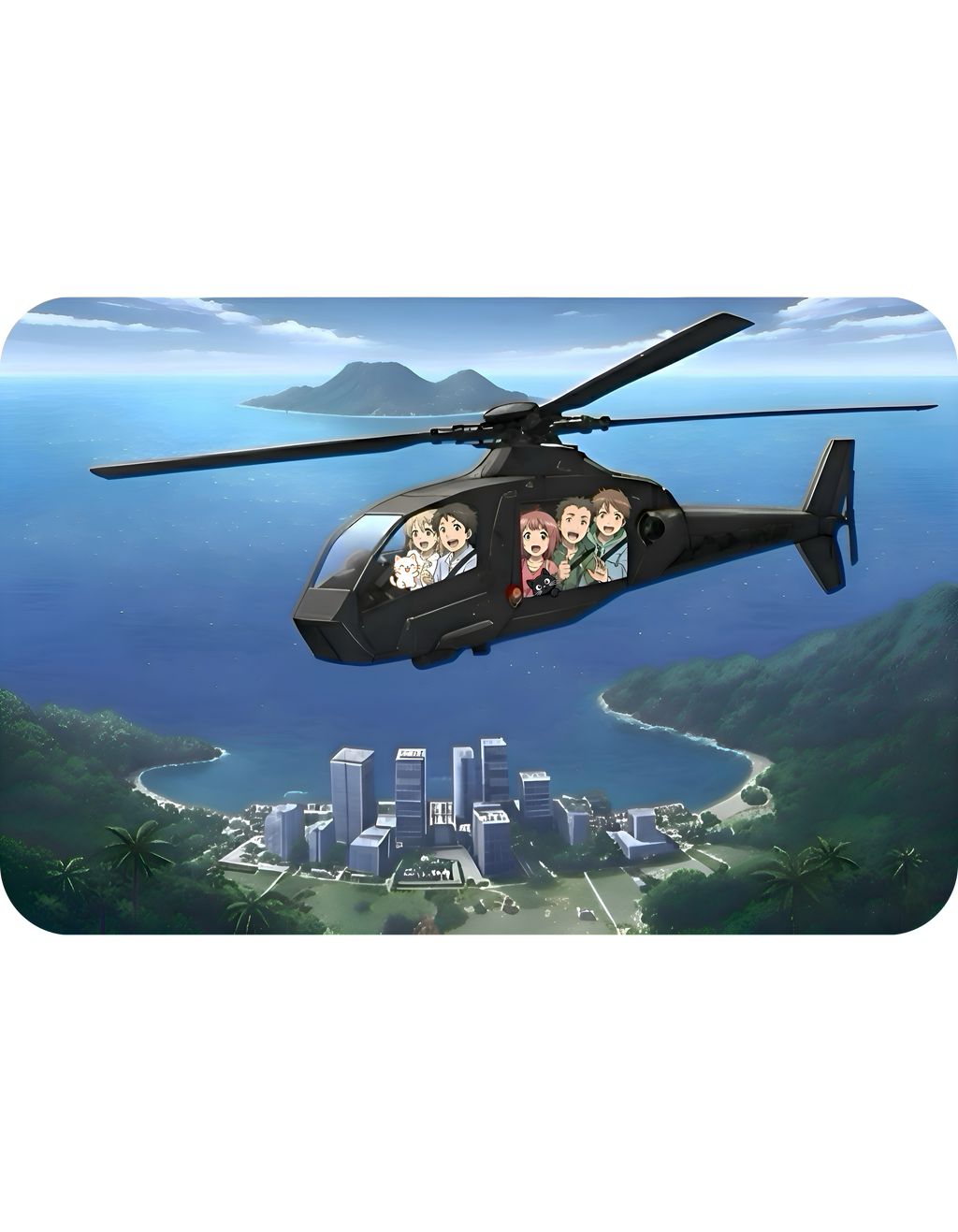Anime Helicopter Adventure #7 Kawaii Kittens Over Tropical Beachy Metro White Ceramic Mug – Celebrating Companionship, Creativity & Life’s Little Wonders Cup (11oz/15oz)