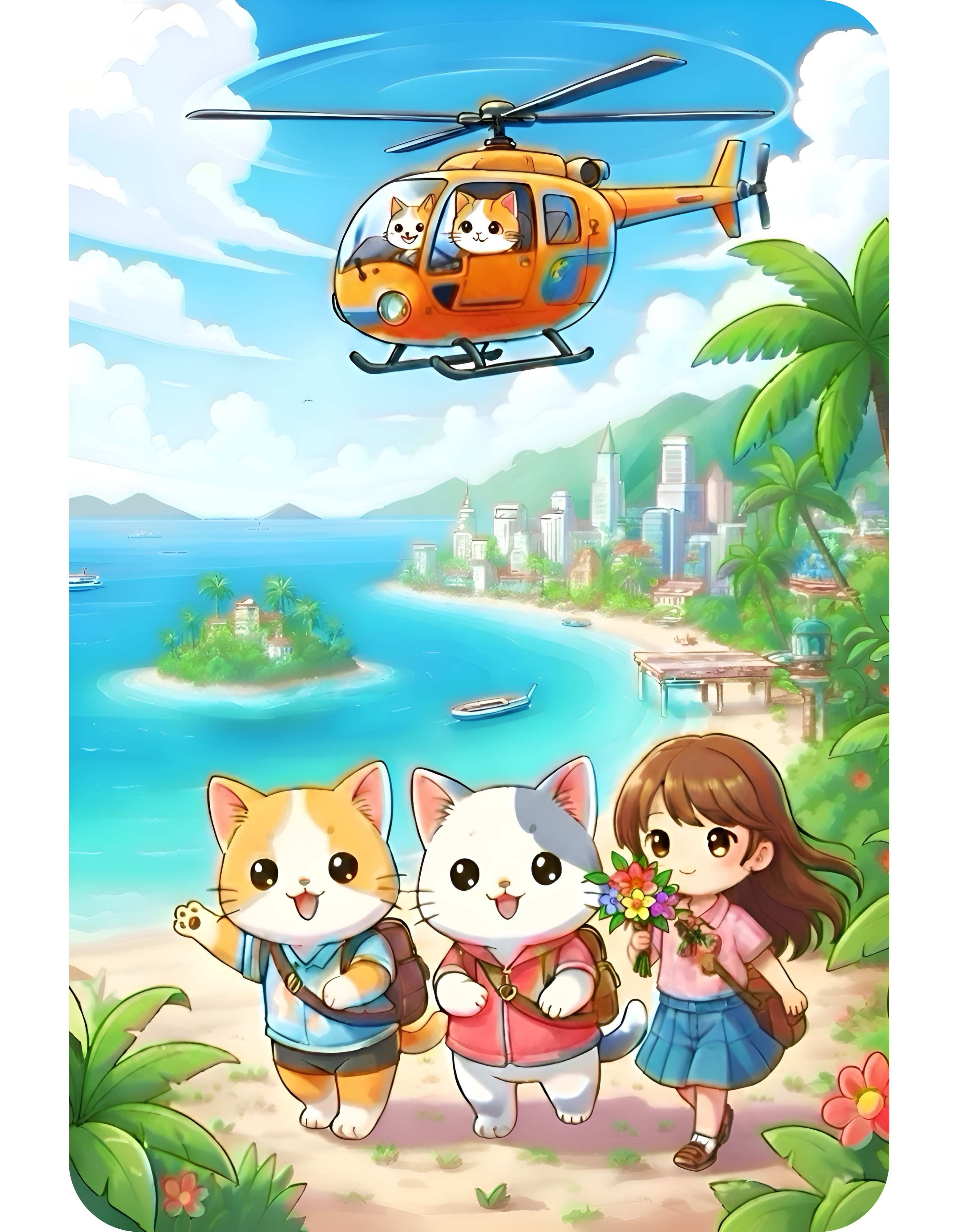 Tropical Chibi Cats Helicopter Adventure White Ceramic Mug — Kawaii Cats Hot Air Balloon Summer Cup (11oz & 15oz)