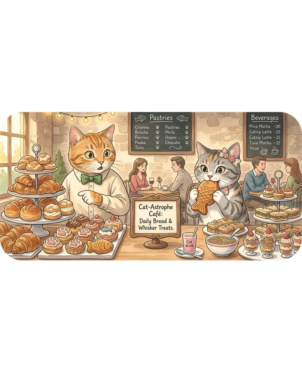 Cat-Astrophe Café White Ceramic Mug — Cute Cat Bakery Date Cup (11oz & 15oz)