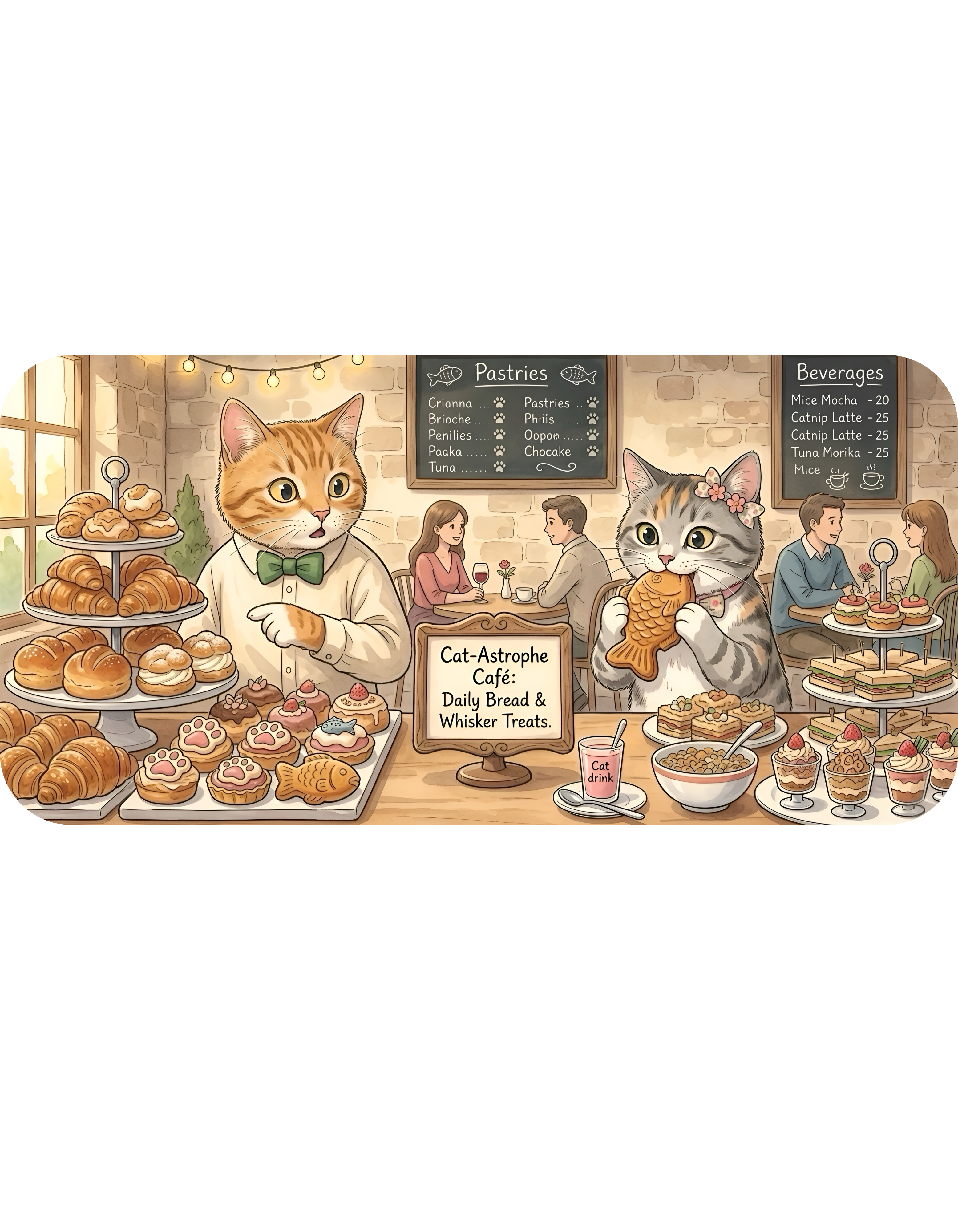Cat-Astrophe Café White Ceramic Mug — Cute Cat Bakery Date Cup (11oz & 15oz)