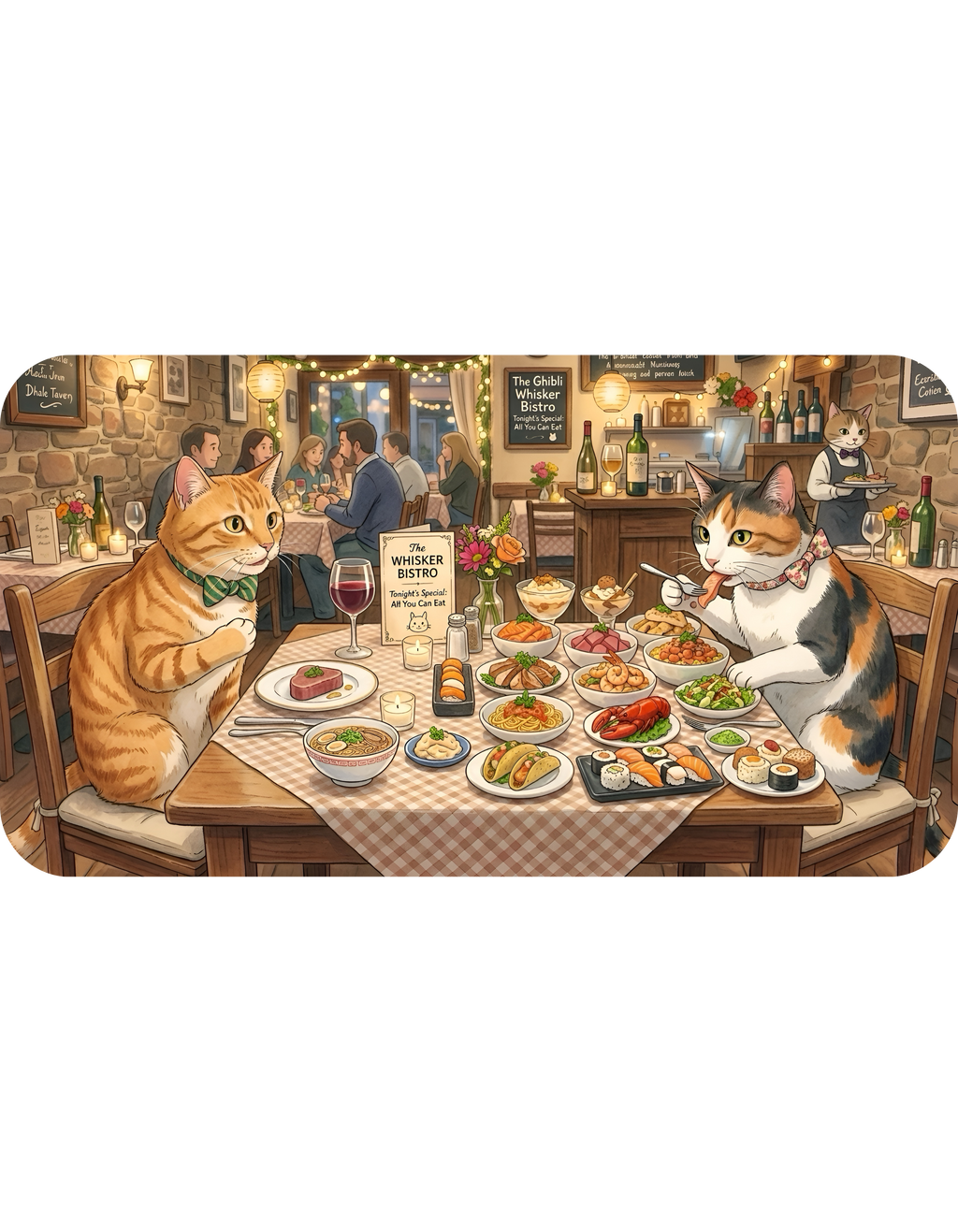 Cat Ghibli Whisker Bistro White Ceramic Mug — Cozy Feline Tapas Cafe Cup (11oz/15oz)