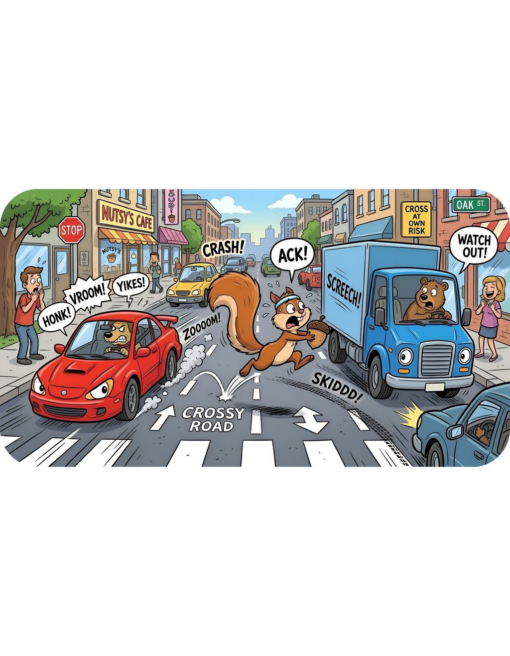 Nutsy's Crossy Road White Ceramic Mug – Adventurous Squirrel Crossing Cup (11oz/15oz)