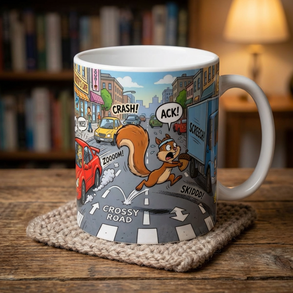 Nutsy's Crossy Road White Ceramic Mug – Adventurous Squirrel Crossing Cup (11oz/15oz)