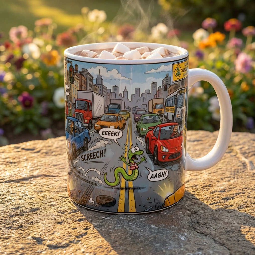 City Traffic & The Urban LandSnake White Ceramic Mug – Comical Reptile Road Chaos Cup (11oz, 15oz)