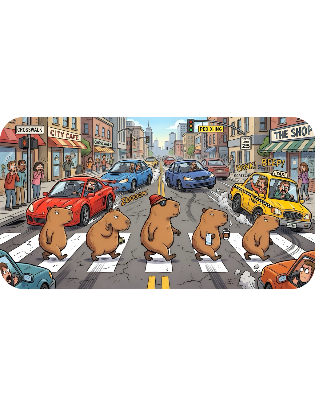 Capybara Abbey Road White Ceramic Mug – Funny Rodent Band Tea Cup (11oz & 15oz)