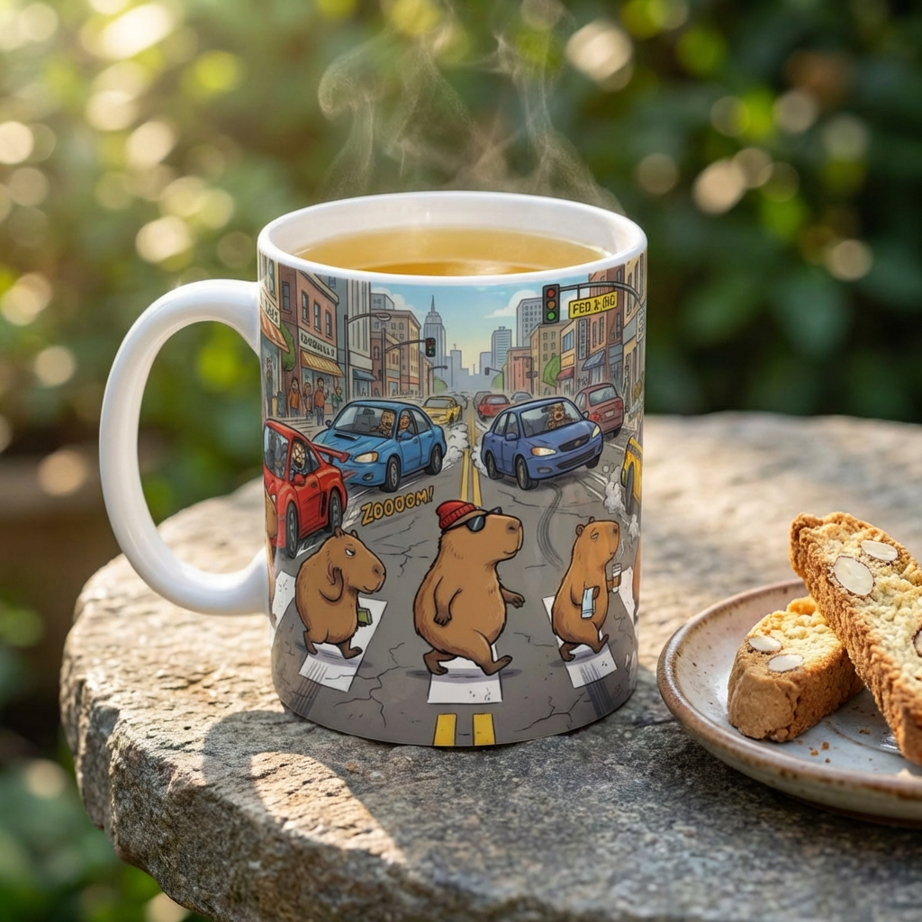 Capybara Abbey Road White Ceramic Mug – Funny Rodent Band Tea Cup (11oz & 15oz)