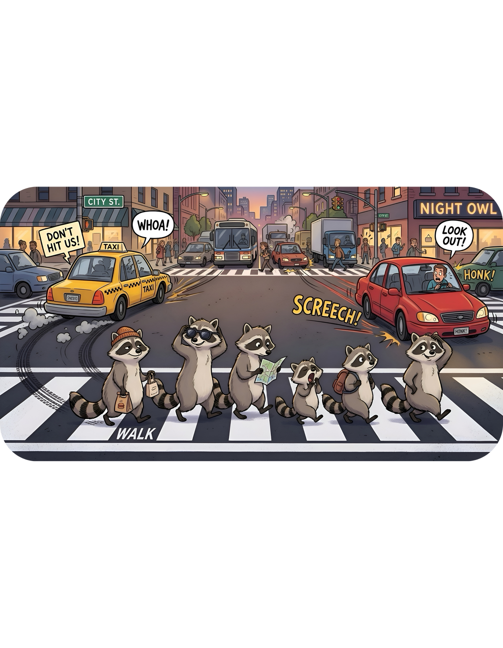Raccoon Crosswalk White Ceramic Mug (11oz/15oz) – Cute Urban Wildlife Tea Cup
