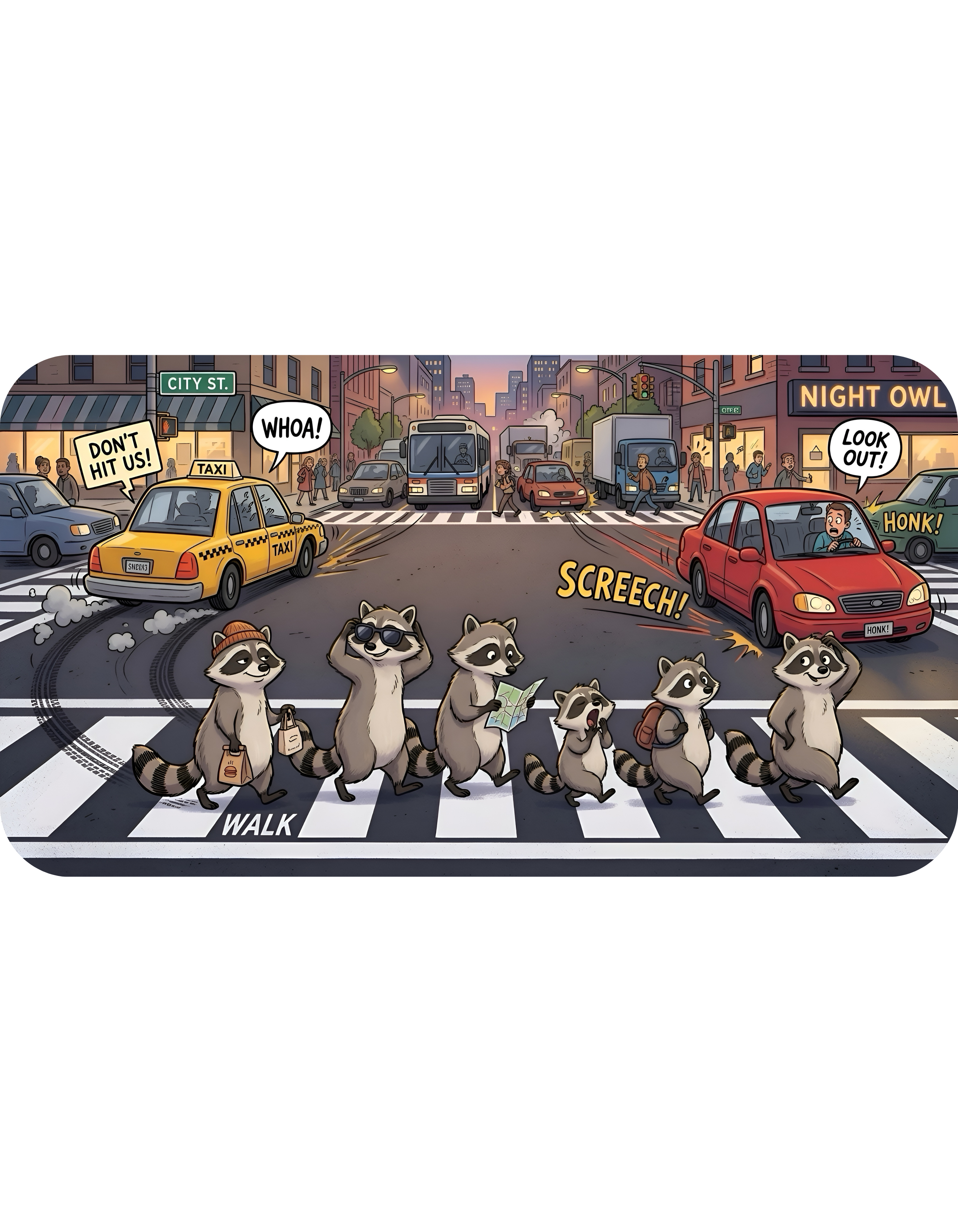 Raccoon Crosswalk White Ceramic Mug (11oz/15oz) – Cute Urban Wildlife Tea Cup