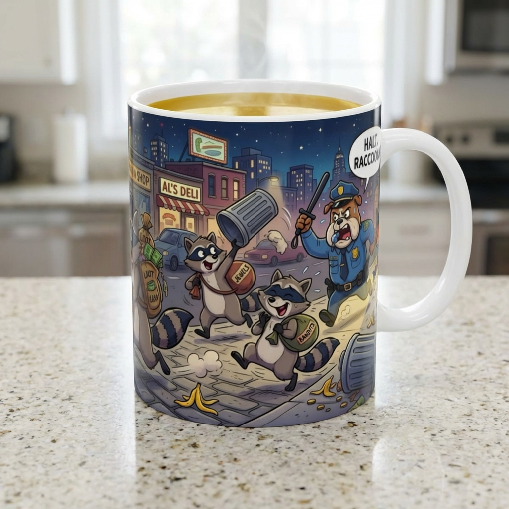 Rambunctious Ringtails White Ceramic Mug — Funny Raccoon Heist Night Scene Cup (11oz, 15oz)
