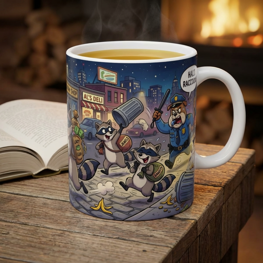 Rambunctious Ringtails White Ceramic Mug — Funny Raccoon Heist Night Scene Cup (11oz, 15oz)
