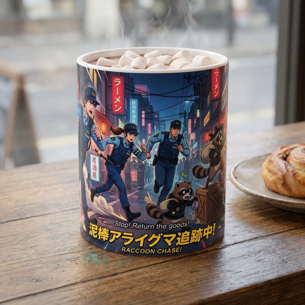 "Raccoon Chase" Anime City Police White Ceramic Mug (11oz/15oz), Urban Ringtails Cup